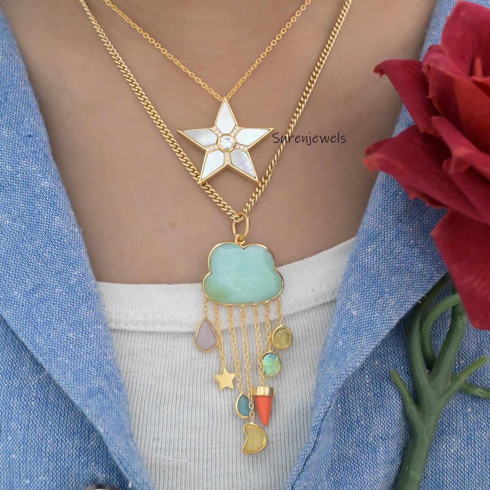Hand Carved 14K Gold Gemstone Rainy Cloud Pendant - View 2 - Suren Jewels | SKU: SJP2667-SLYGMSMT Hand Carved 14K Gold Gemstone Rainy Cloud Pendant - View 2 - Suren Jewels | SKU: SJP2667-SLYGMSMT