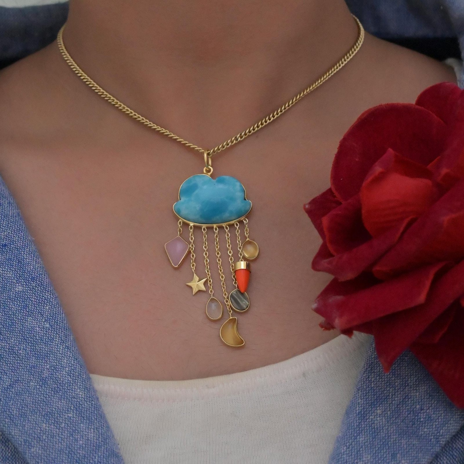 Hand Carved 14K Gold Gemstone Rainy Cloud Pendant - View 3 - Suren Jewels | SKU: SJP2667-SLYGMSMT Hand Carved 14K Gold Gemstone Rainy Cloud Pendant - View 3 - Suren Jewels | SKU: SJP2667-SLYGMSMT