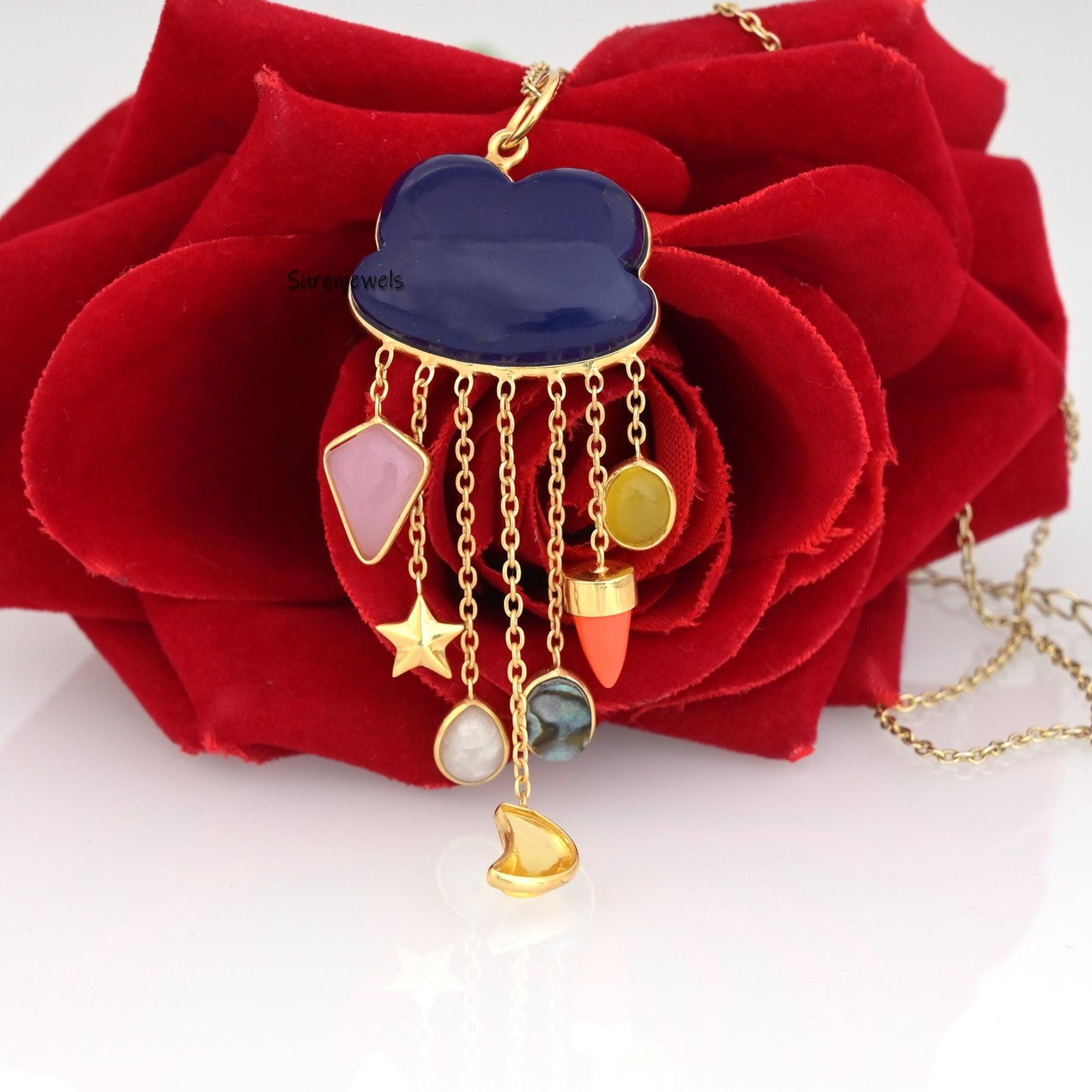 Hand Carved 14K Gold Gemstone Rainy Cloud Pendant - View 4 - Suren Jewels | SKU: SJP2667-SLYGMSMT Hand Carved 14K Gold Gemstone Rainy Cloud Pendant - View 4 - Suren Jewels | SKU: SJP2667-SLYGMSMT