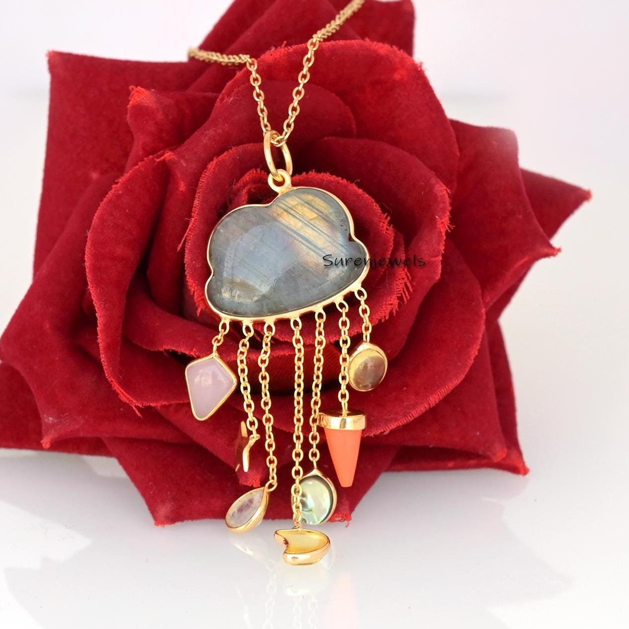 Hand Carved 14K Gold Gemstone Rainy Cloud Pendant - View 6 - Suren Jewels | SKU: SJP2667-SLYGMSMT Hand Carved 14K Gold Gemstone Rainy Cloud Pendant - View 6 - Suren Jewels | SKU: SJP2667-SLYGMSMT