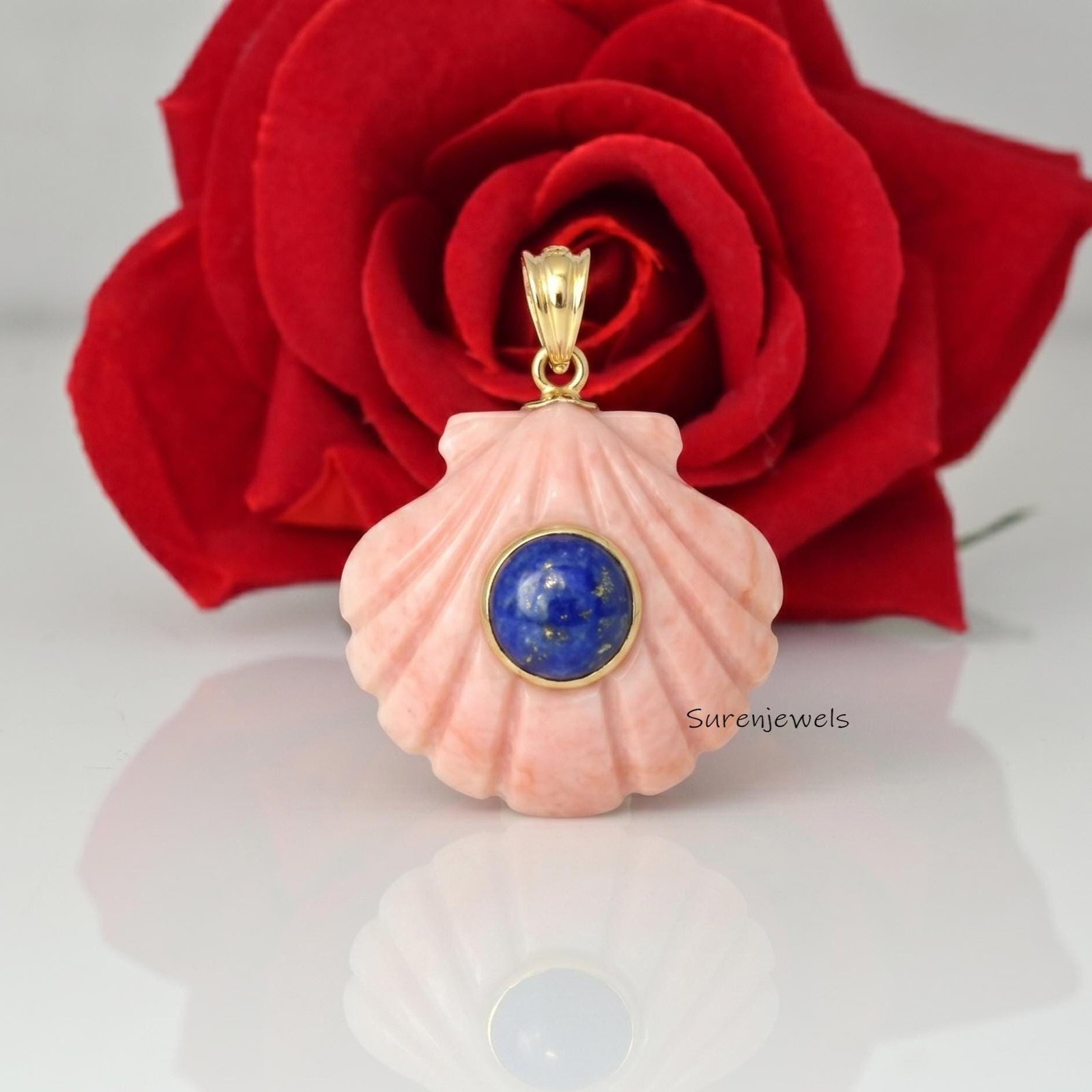 hand Carved 14K Gold Gemstone Shell Pendant, Pink Opal Scallop Shell Pendant, Handmade Gemstone Shell Pendant - Suren Jewels hand Carved 14K Gold Gemstone Shell Pendant, Pink Opal Scallop Shell Pendant, Handmade Gemstone Shell Pendant - Suren Jewels