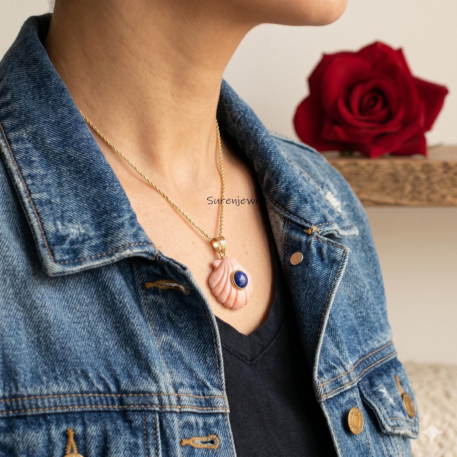 hand Carved 14K Gold Gemstone Shell Pendant, Pink Opal Scallop Shell Pendant, Handmade Gemstone Shell Pendant - View 2 - Sure hand Carved 14K Gold Gemstone Shell Pendant, Pink Opal Scallop Shell Pendant, Handmade Gemstone Shell Pendant - View 2 - Sure