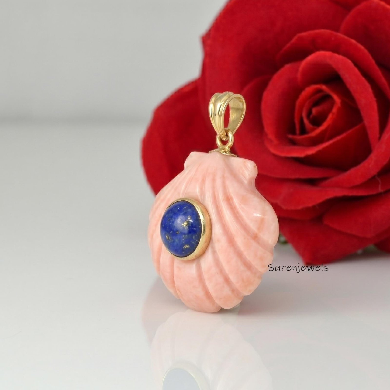 hand Carved 14K Gold Gemstone Shell Pendant, Pink Opal Scallop Shell Pendant, Handmade Gemstone Shell Pendant - View 3 - Sure hand Carved 14K Gold Gemstone Shell Pendant, Pink Opal Scallop Shell Pendant, Handmade Gemstone Shell Pendant - View 3 - Sure