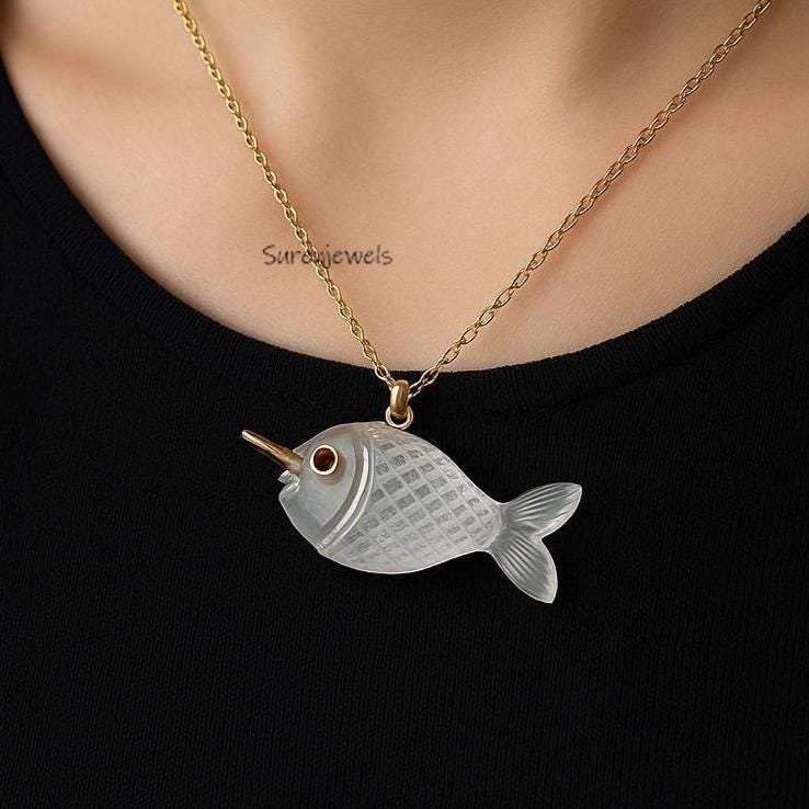 Hand Carved 14K Gold Turquoise Fish Pendant: Ruby Accent, Handmade - Suren Jewels | SKU: SJP Hand Carved 14K Gold Turquoise Fish Pendant: Ruby Accent, Handmade - Suren Jewels | SKU: SJP