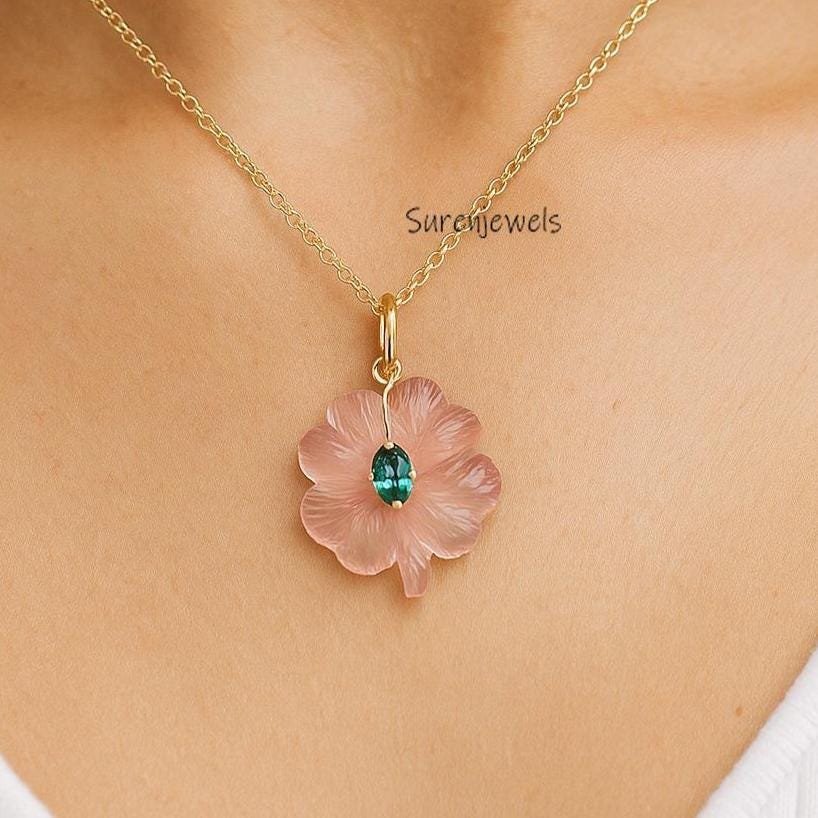 Hand Carved Gemstone 14k Gold Clover pendant, Carved jewelry - Suren Jewels | SKU: SJP Hand Carved Gemstone 14k Gold Clover pendant, Carved jewelry - Suren Jewels | SKU: SJP