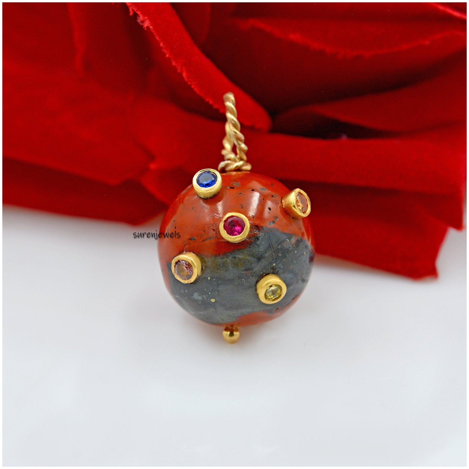Hand Carved Gemstone Ball Pendant: Multi Stone Ball - Suren Jewels | SKU: SJP1350-SLYGRJP Hand Carved Gemstone Ball Pendant: Multi Stone Ball - Suren Jewels | SKU: SJP1350-SLYGRJP