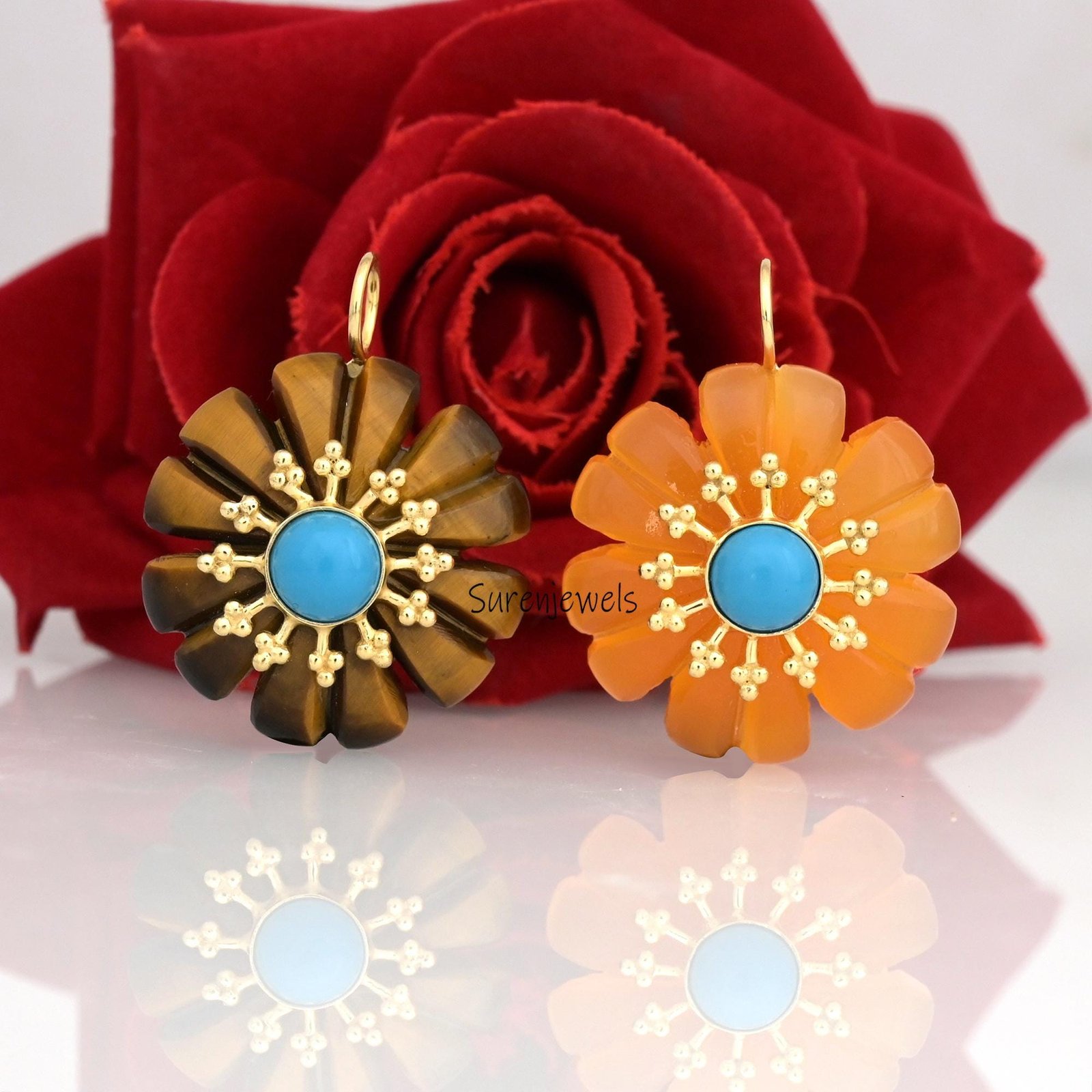 Hand Carved Gemstone Flower Pendant: 925 Silver - Suren Jewels | SKU: SJP3519-SLYGOCNTQ-25M Hand Carved Gemstone Flower Pendant: 925 Silver - Suren Jewels | SKU: SJP3519-SLYGOCNTQ-25M