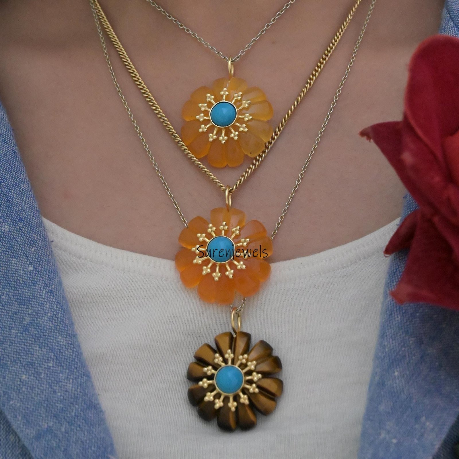 Hand Carved Gemstone Flower Pendant: 925 Silver - View 2 - Suren Jewels | SKU: SJP3519-SLYGOCNTQ-25M Hand Carved Gemstone Flower Pendant: 925 Silver - View 2 - Suren Jewels | SKU: SJP3519-SLYGOCNTQ-25M