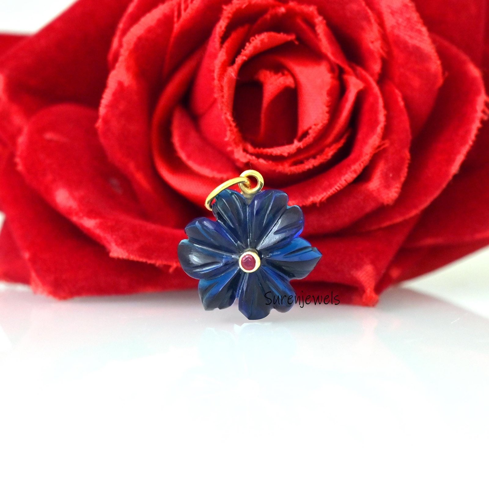 Hand Carved Gemstone Flower Pendant: Handmade Designer Charm - Suren Jewels | SKU: SJP4581-SLYGGQRUCZ-30M Hand Carved Gemstone Flower Pendant: Handmade Designer Charm - Suren Jewels | SKU: SJP4581-SLYGGQRUCZ-30M