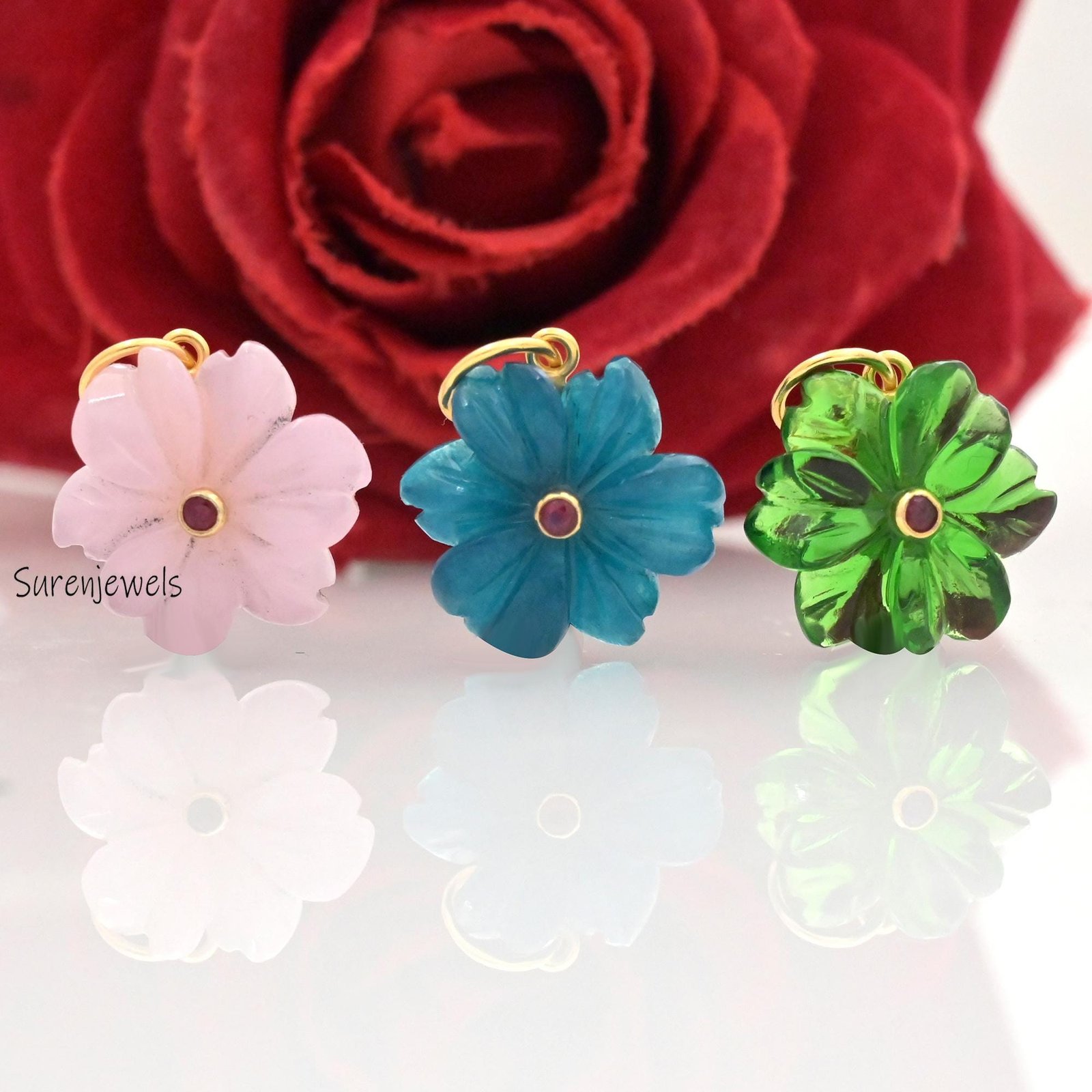 Hand Carved Gemstone Flower Pendant: Handmade Designer Charm - View 2 - Suren Jewels | SKU: SJP4581-SLYGGQRUCZ-30M Hand Carved Gemstone Flower Pendant: Handmade Designer Charm - View 2 - Suren Jewels | SKU: SJP4581-SLYGGQRUCZ-30M