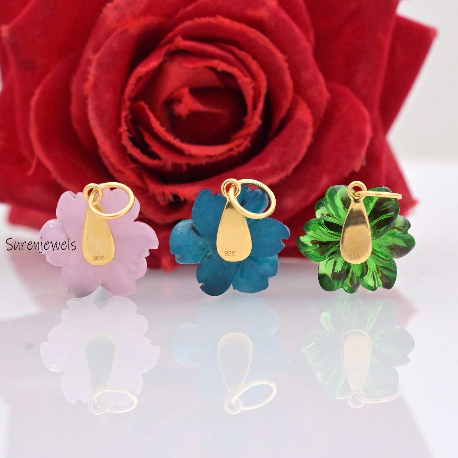 Hand Carved Gemstone Flower Pendant: Handmade Designer Charm - View 3 - Suren Jewels | SKU: SJP4581-SLYGGQRUCZ-30M Hand Carved Gemstone Flower Pendant: Handmade Designer Charm - View 3 - Suren Jewels | SKU: SJP4581-SLYGGQRUCZ-30M