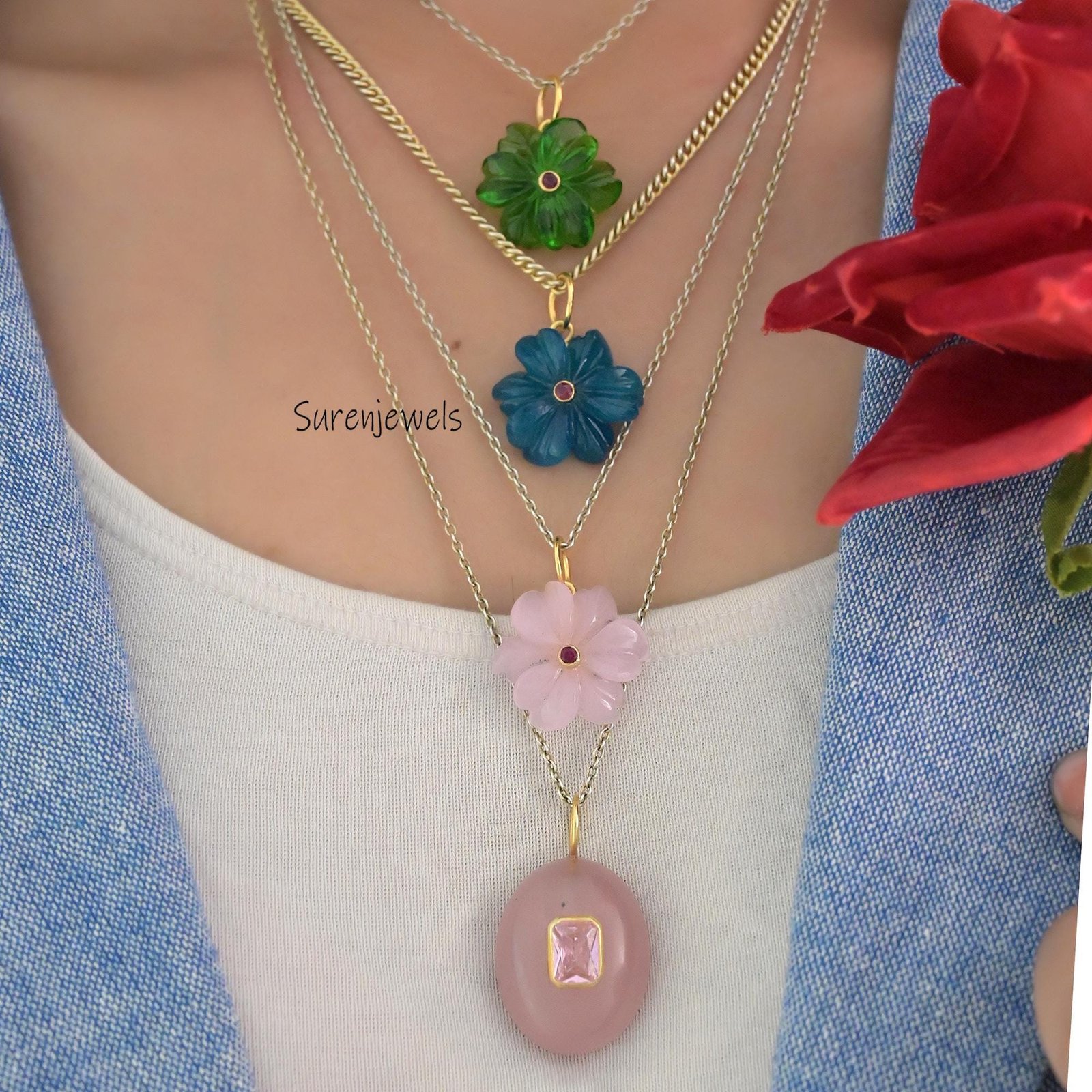 Hand Carved Gemstone Flower Pendant: Handmade Designer Charm - View 4 - Suren Jewels | SKU: SJP4581-SLYGGQRUCZ-30M Hand Carved Gemstone Flower Pendant: Handmade Designer Charm - View 4 - Suren Jewels | SKU: SJP4581-SLYGGQRUCZ-30M