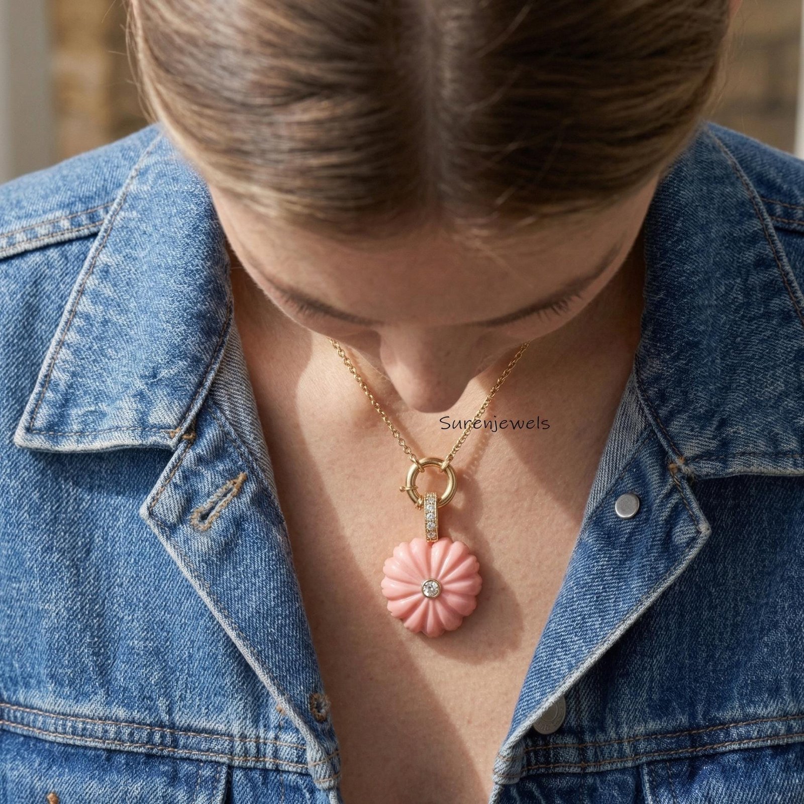 Hand carved Gemstone Fluted Heart Pendant: Handmade Designer jewelry - View 2 - Suren Jewels | SKU: SJP6188-SLYGPOCZ-30M Hand carved Gemstone Fluted Heart Pendant: Handmade Designer jewelry - View 2 - Suren Jewels | SKU: SJP6188-SLYGPOCZ-30M