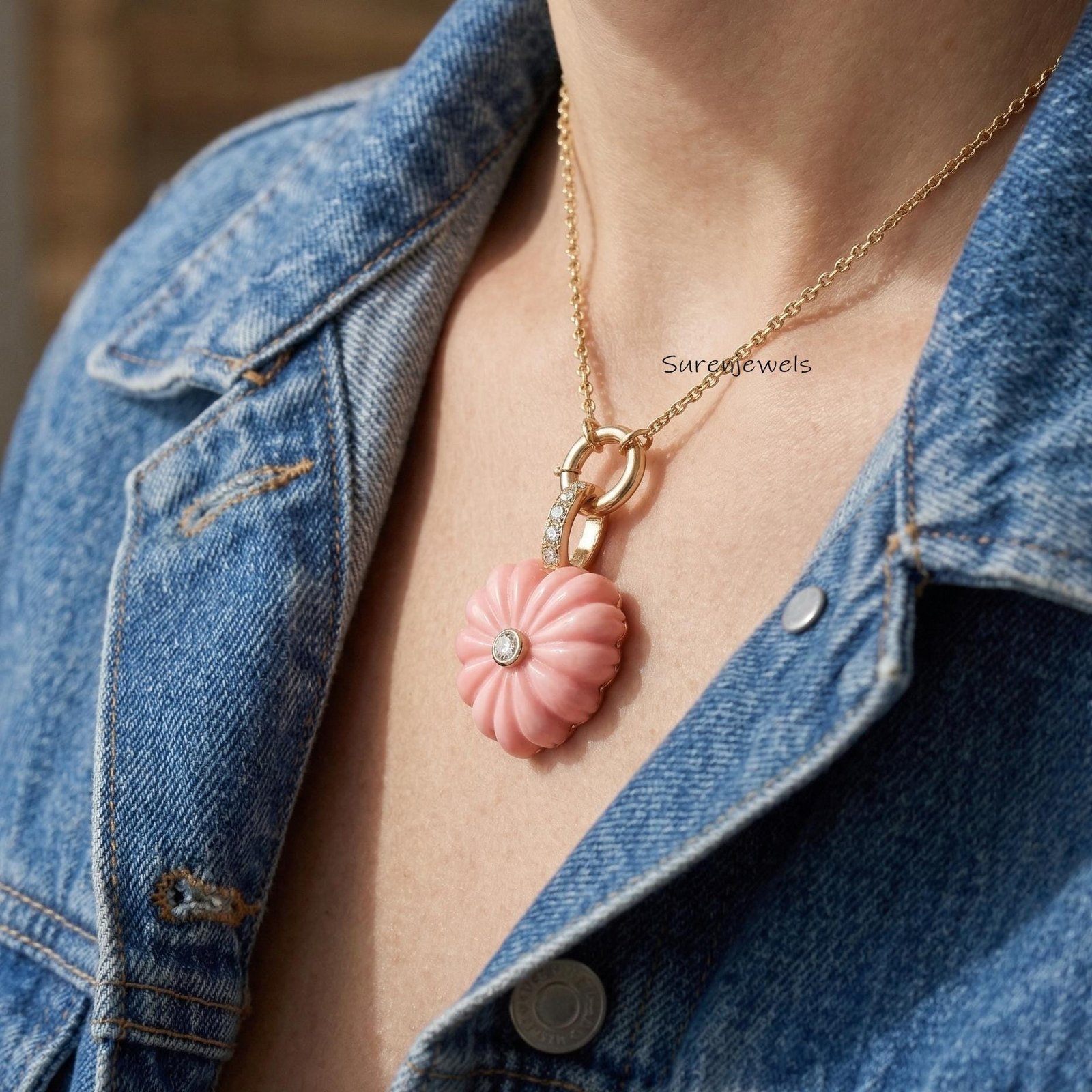 Hand carved Gemstone Fluted Heart Pendant: Handmade Designer jewelry - View 4 - Suren Jewels | SKU: SJP6188-SLYGPOCZ-30M Hand carved Gemstone Fluted Heart Pendant: Handmade Designer jewelry - View 4 - Suren Jewels | SKU: SJP6188-SLYGPOCZ-30M