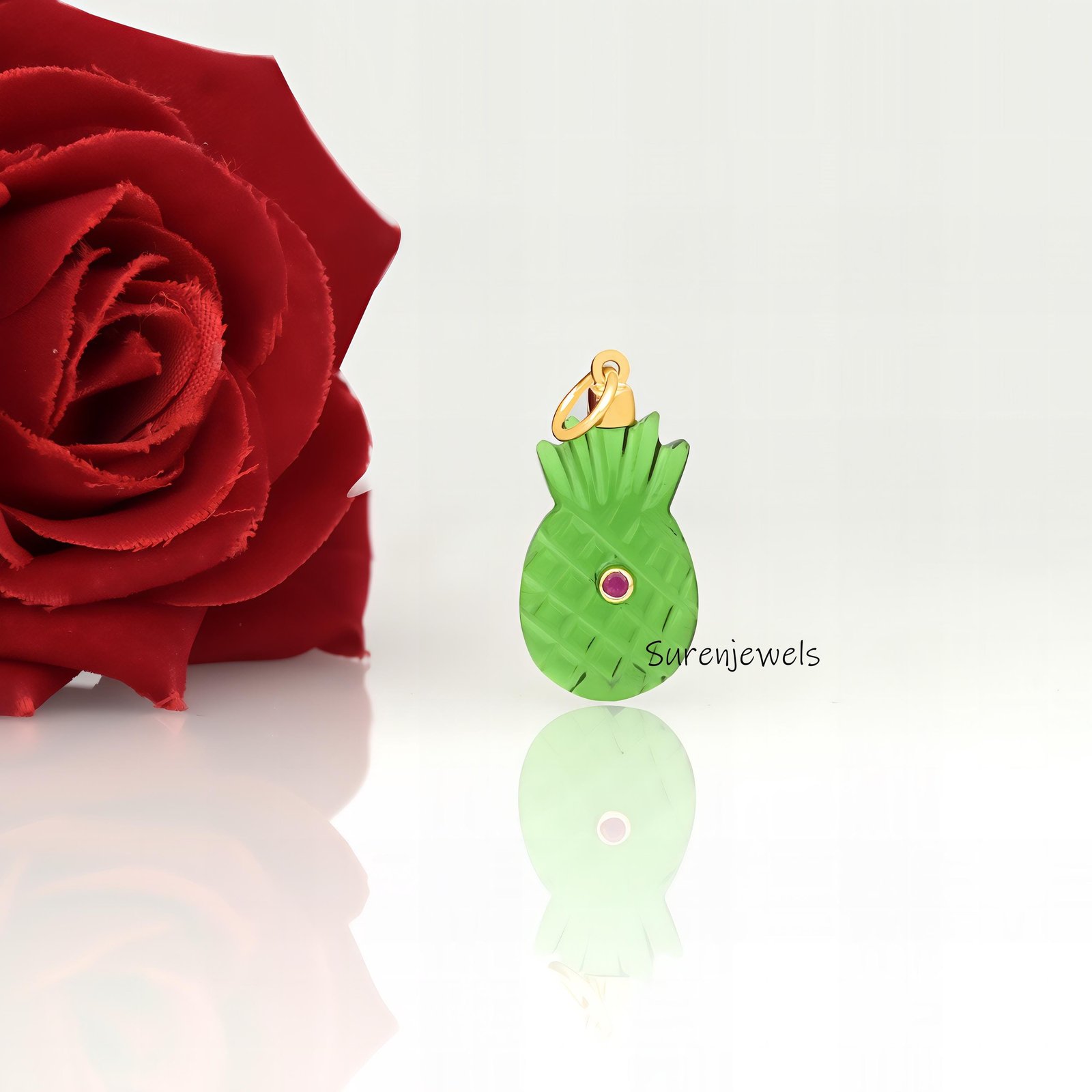 Hand Carved Gemstone Pineapple Pendant: Dainty Tropical Charm - Suren Jewels | SKU: SJP3488-SLYGGORUCZ-25M Hand Carved Gemstone Pineapple Pendant: Dainty Tropical Charm - Suren Jewels | SKU: SJP3488-SLYGGORUCZ-25M
