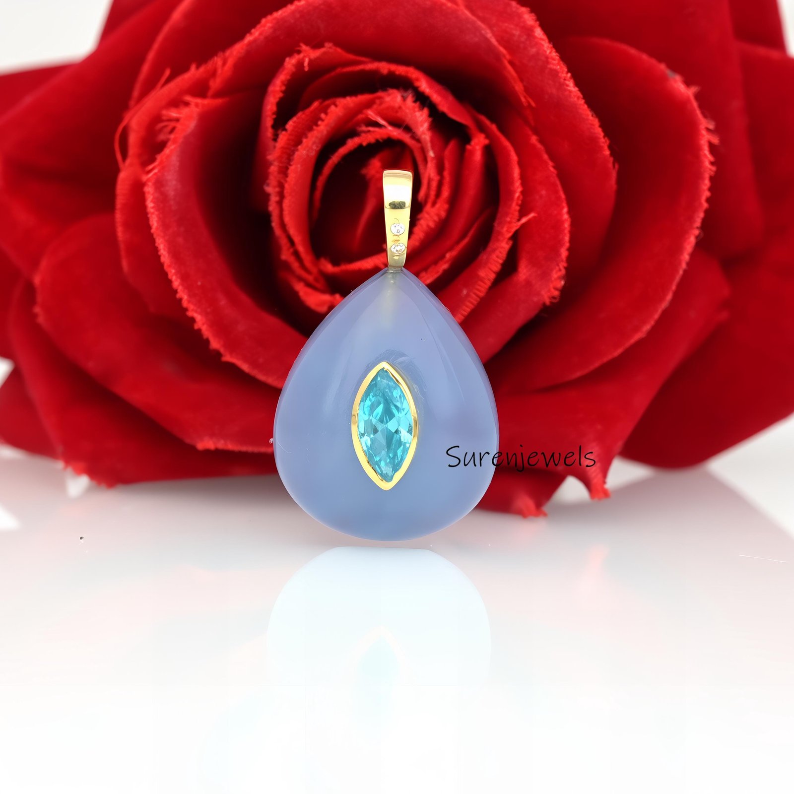 14k Gold Hand Carved Gemstone Drop Pendant, Malachite Teardrop - Suren Jewels | SKU: SJP4260-SLYGAQBTCZ-25M