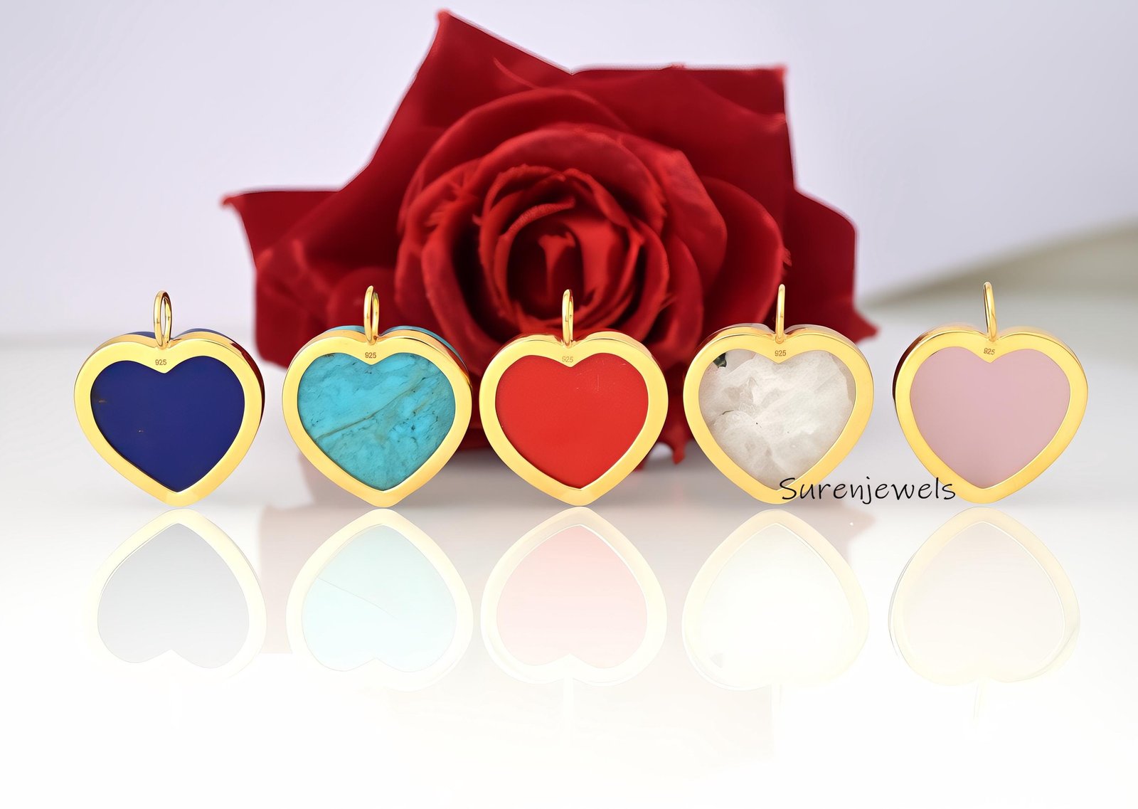 Hand Carved MOP Heart Pendant: Multi Gemstone Inlay (25 MM) - View 2 - Suren Jewels | SKU: SJP1405-SLYGCRMN Hand Carved MOP Heart Pendant: Multi Gemstone Inlay (25 MM) - View 2 - Suren Jewels | SKU: SJP1405-SLYGCRMN
