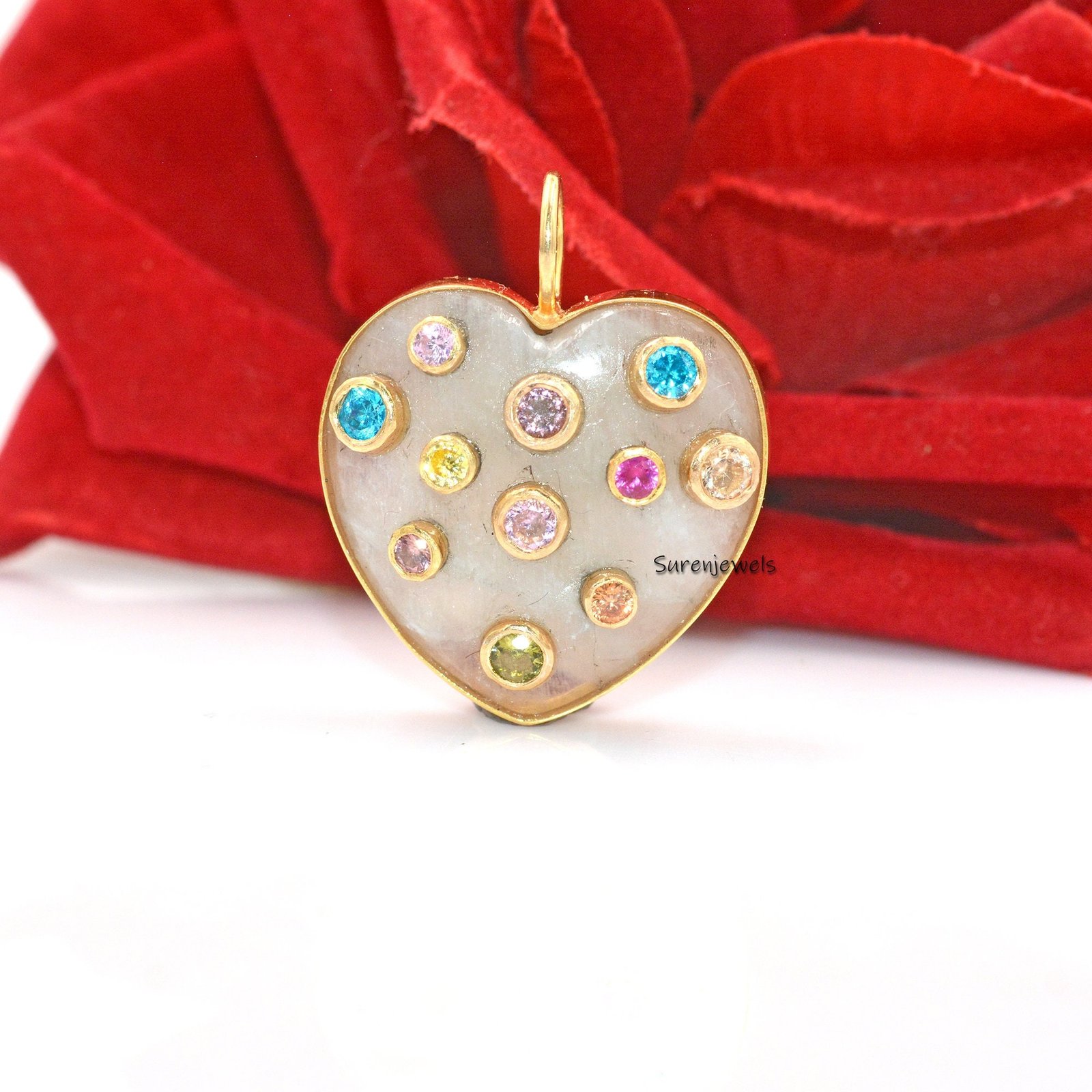 Hand Carved MOP Heart Pendant: Multi Gemstone Inlay (25 MM) - View 3 - Suren Jewels | SKU: SJP1405-SLYGCRMN Hand Carved MOP Heart Pendant: Multi Gemstone Inlay (25 MM) - View 3 - Suren Jewels | SKU: SJP1405-SLYGCRMN