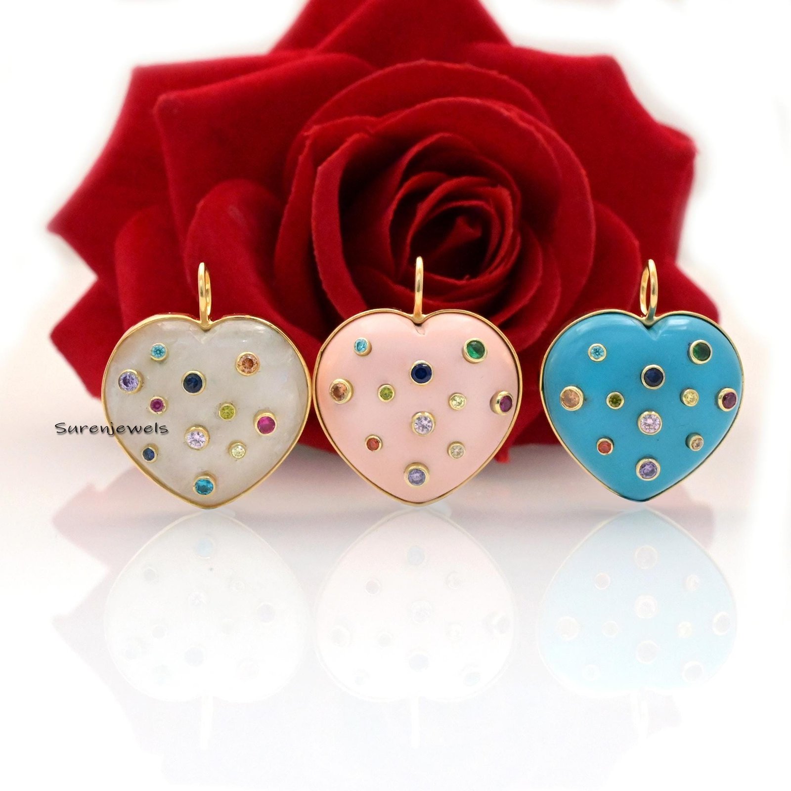 Hand Carved MOP Heart Pendant: Multi Gemstone Inlay (25 MM) - View 4 - Suren Jewels | SKU: SJP1405-SLYGCRMN Hand Carved MOP Heart Pendant: Multi Gemstone Inlay (25 MM) - View 4 - Suren Jewels | SKU: SJP1405-SLYGCRMN