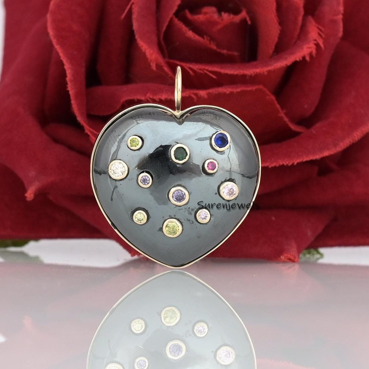 Hand Carved MOP Heart Pendant: Multi Gemstone Inlay (25 MM) - View 5 - Suren Jewels | SKU: SJP1405-SLYGCRMN Hand Carved MOP Heart Pendant: Multi Gemstone Inlay (25 MM) - View 5 - Suren Jewels | SKU: SJP1405-SLYGCRMN