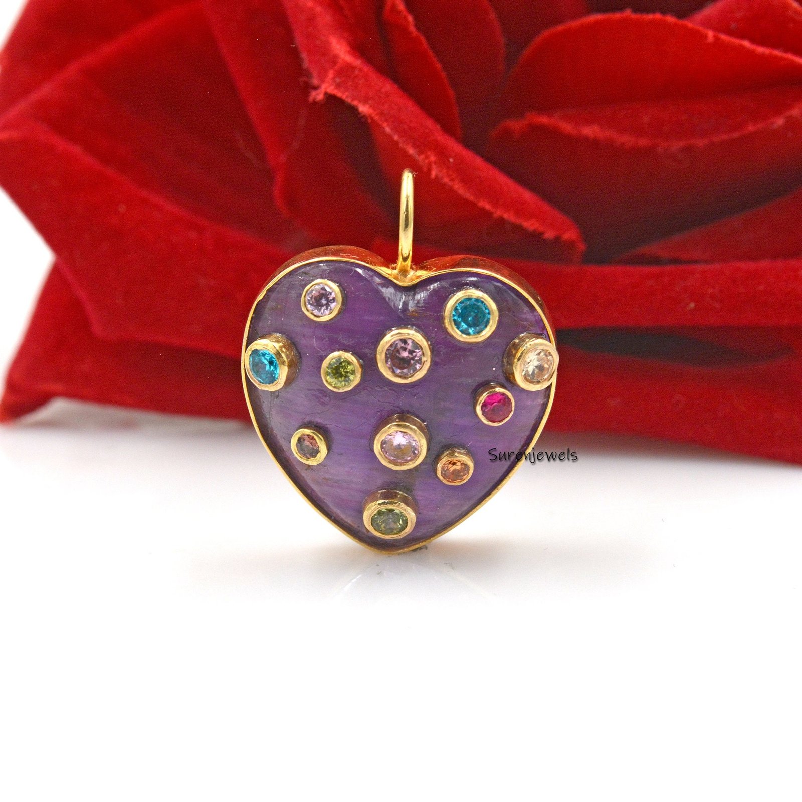 Hand Carved MOP Heart Pendant: Multi Gemstone Inlay (25 MM) - View 6 - Suren Jewels | SKU: SJP1405-SLYGCRMN Hand Carved MOP Heart Pendant: Multi Gemstone Inlay (25 MM) - View 6 - Suren Jewels | SKU: SJP1405-SLYGCRMN
