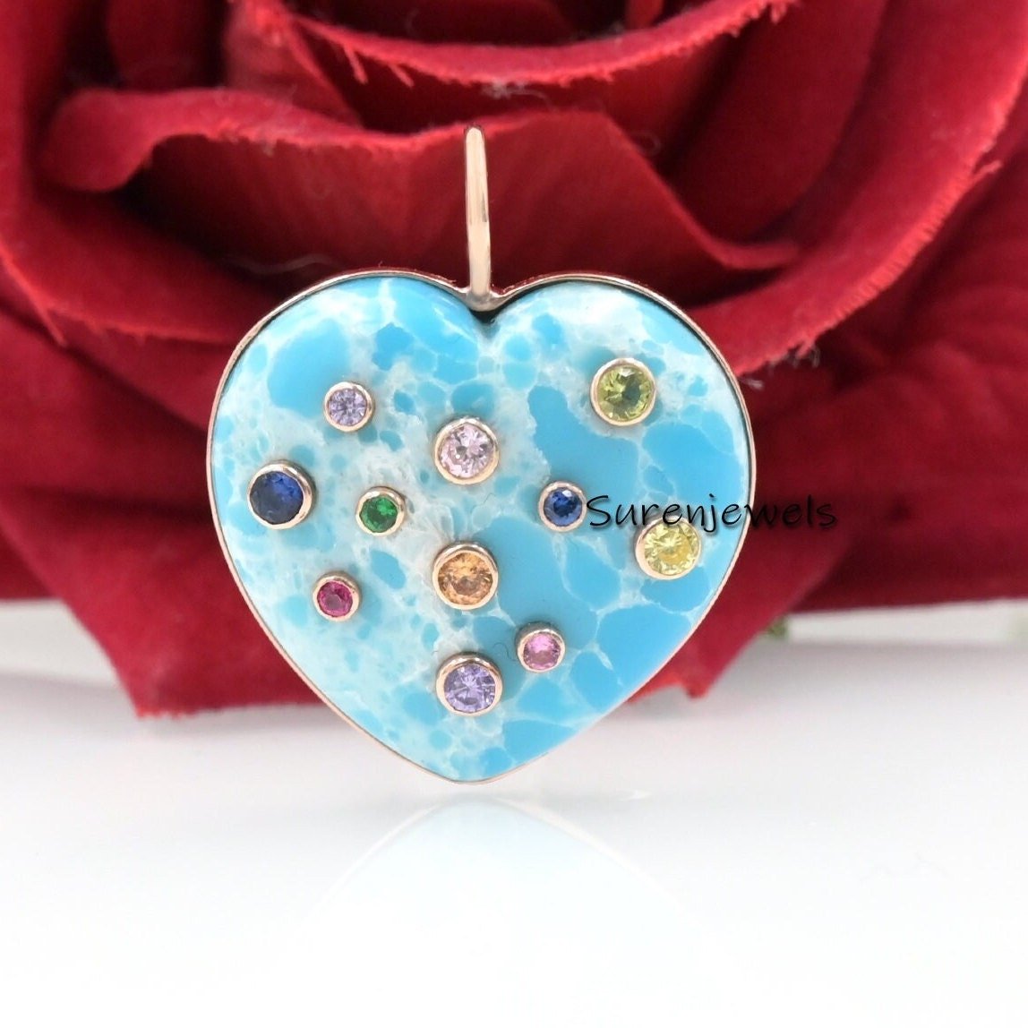 Hand Carved MOP Heart Pendant: Multi Gemstone Inlay (25 MM) - View 7 - Suren Jewels | SKU: SJP1405-SLYGCRMN Hand Carved MOP Heart Pendant: Multi Gemstone Inlay (25 MM) - View 7 - Suren Jewels | SKU: SJP1405-SLYGCRMN