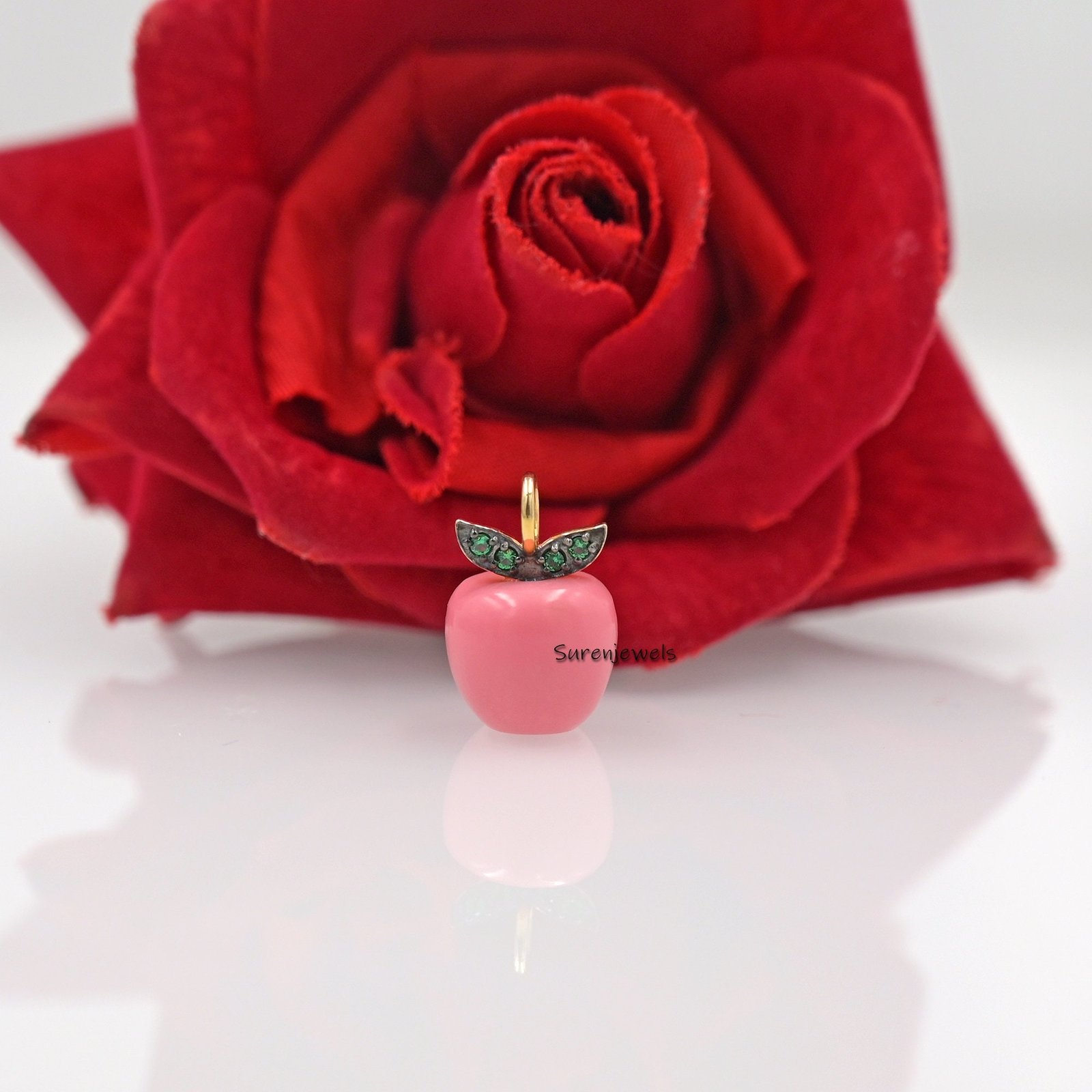 Handmade 14K Gold Apple Pendant with Green Cz Leaves - View 3 - Suren Jewels | SKU: SJP1658 Handmade 14K Gold Apple Pendant with Green Cz Leaves - View 3 - Suren Jewels | SKU: SJP1658