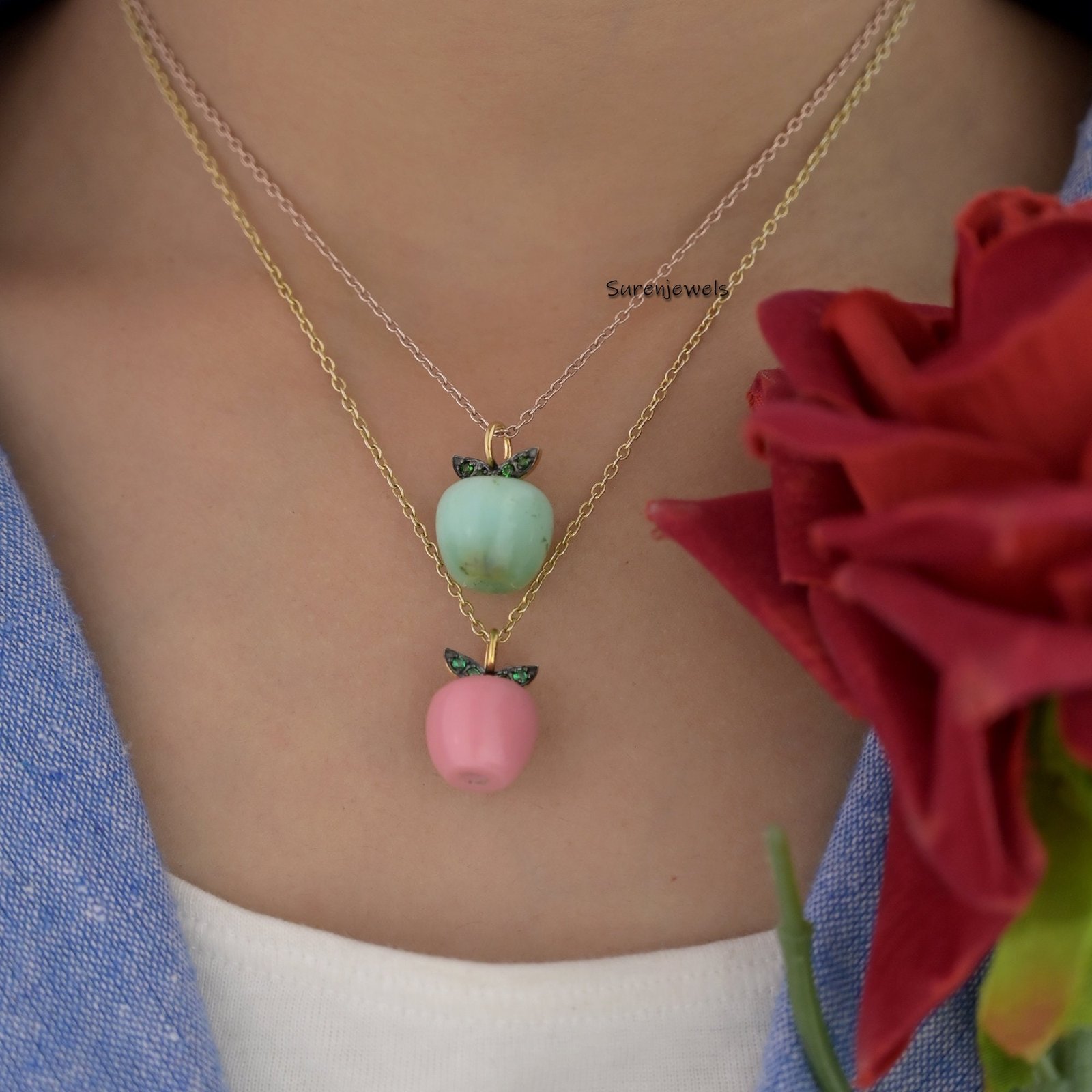 Handmade 14K Gold Apple Pendant with Green Cz Leaves - View 5 - Suren Jewels | SKU: SJP1658 Handmade 14K Gold Apple Pendant with Green Cz Leaves - View 5 - Suren Jewels | SKU: SJP1658
