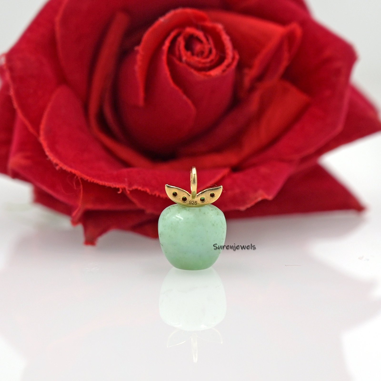Handmade 14K Gold Apple Pendant with Green Cz Leaves - View 6 - Suren Jewels | SKU: SJP1658 Handmade 14K Gold Apple Pendant with Green Cz Leaves - View 6 - Suren Jewels | SKU: SJP1658