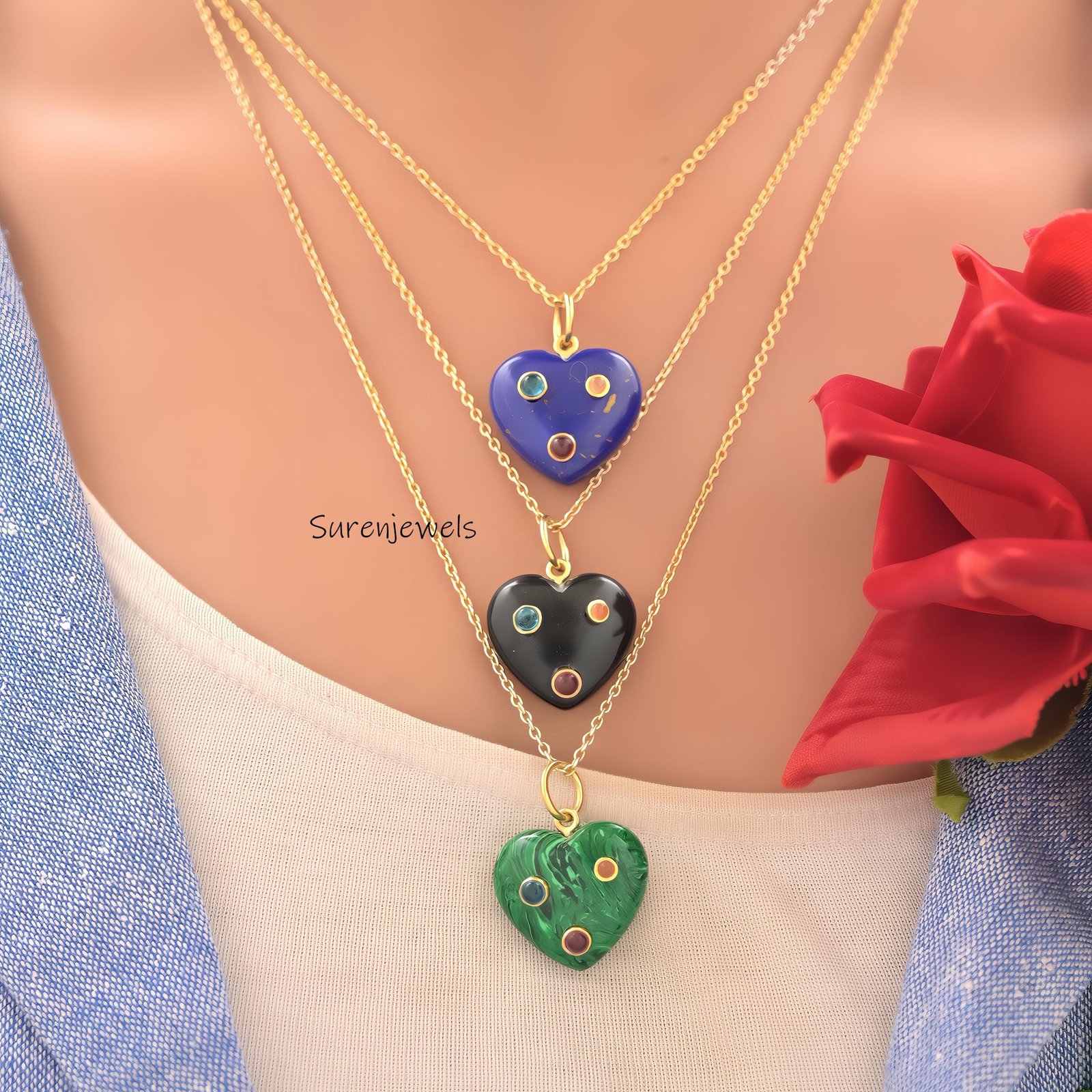Handmade 14K Gold Gemstone Heart Pendant Malachite Heart Charm - View 2 - Suren Jewels | SKU: SJP4864-SLYGMSMG-25M Handmade 14K Gold Gemstone Heart Pendant Malachite Heart Charm - View 2 - Suren Jewels | SKU: SJP4864-SLYGMSMG-25M