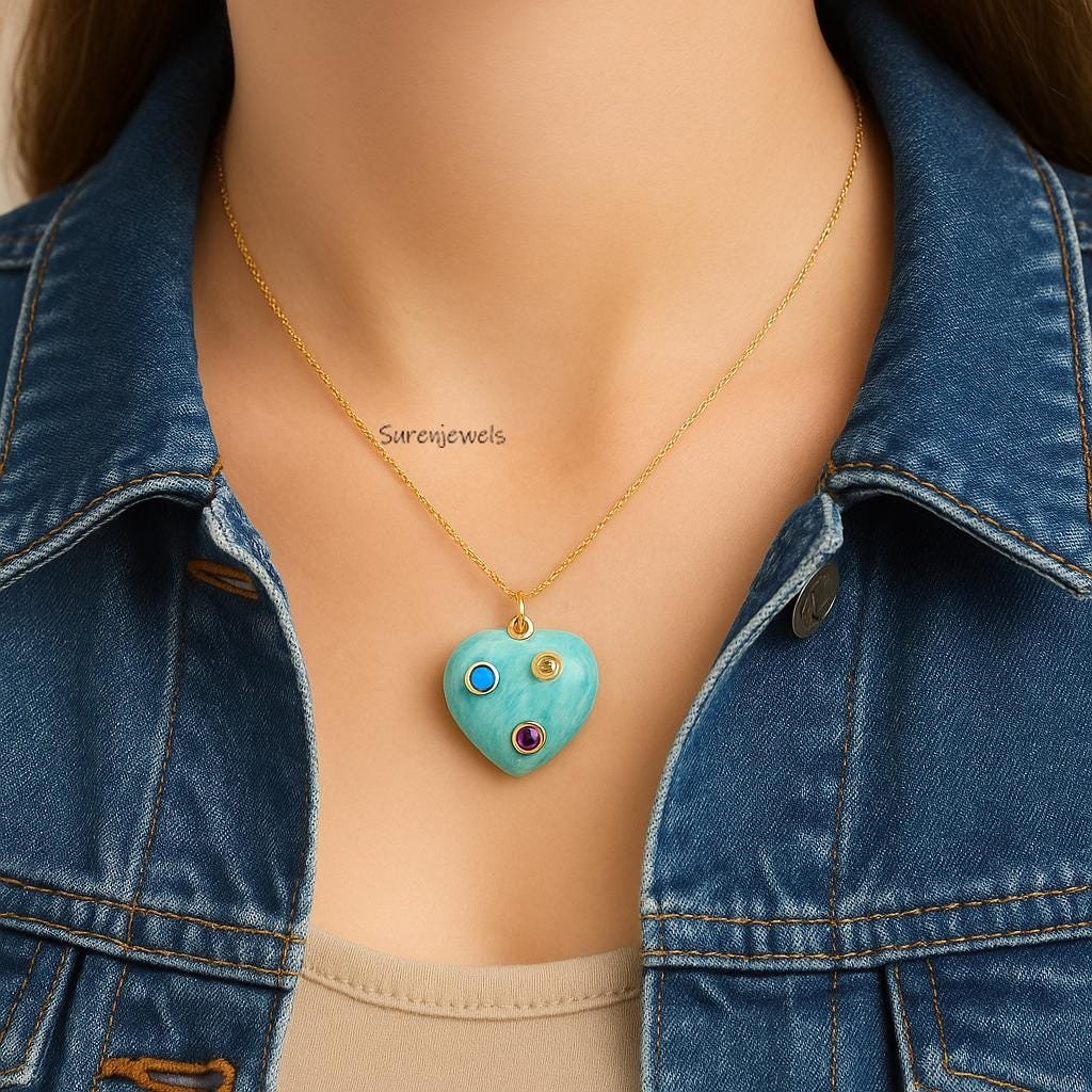 Handmade 14K Gold Gemstone Heart Pendant Malachite Heart Charm - View 4 - Suren Jewels | SKU: SJP4864-SLYGMSMG-25M Handmade 14K Gold Gemstone Heart Pendant Malachite Heart Charm - View 4 - Suren Jewels | SKU: SJP4864-SLYGMSMG-25M