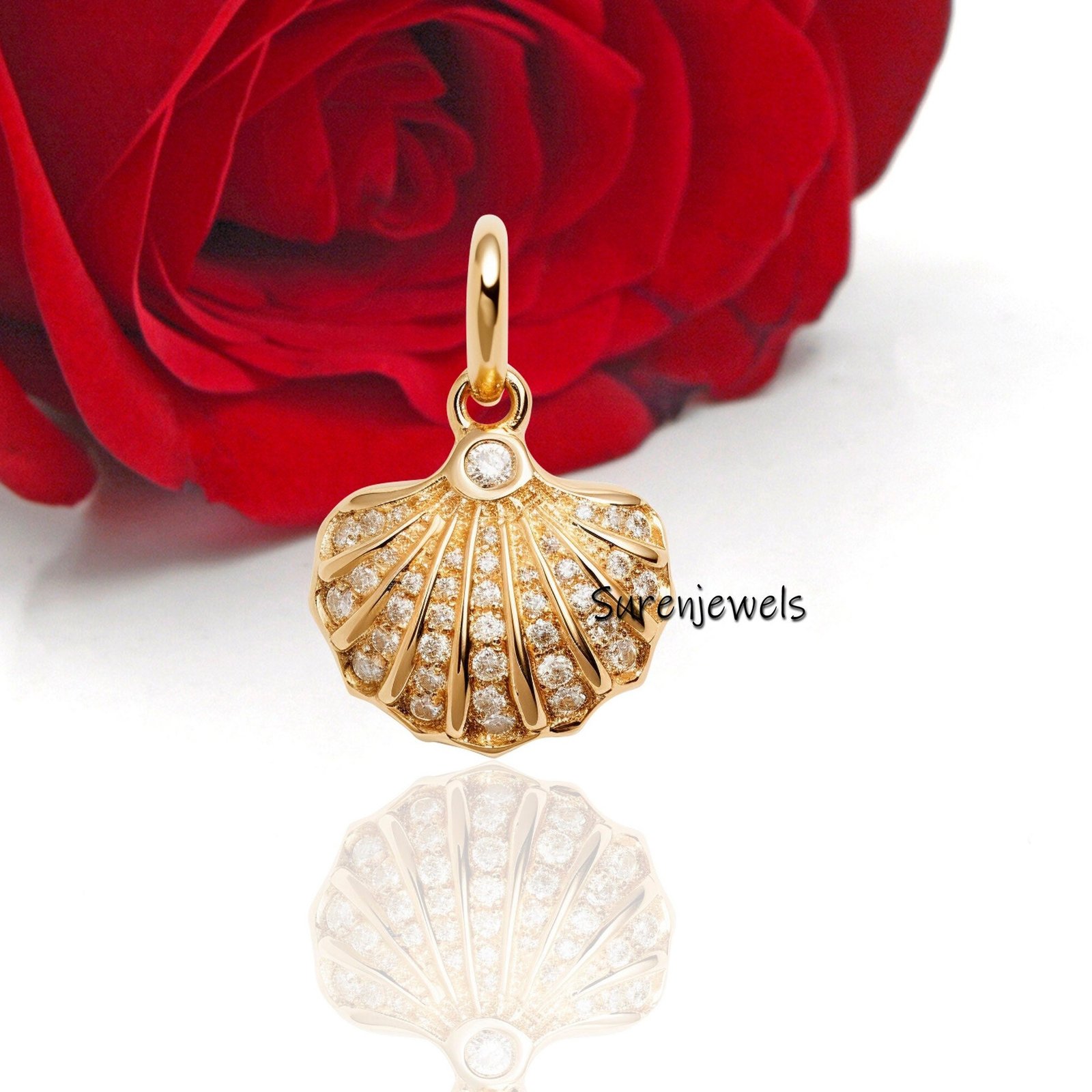 Handmade 14k Gold Scallop Shell Pendant: Dainty Gemstone Beach Jewelry - Suren Jewels | SKU: SJP2593-SLYG Handmade 14k Gold Scallop Shell Pendant: Dainty Gemstone Beach Jewelry - Suren Jewels | SKU: SJP2593-SLYG
