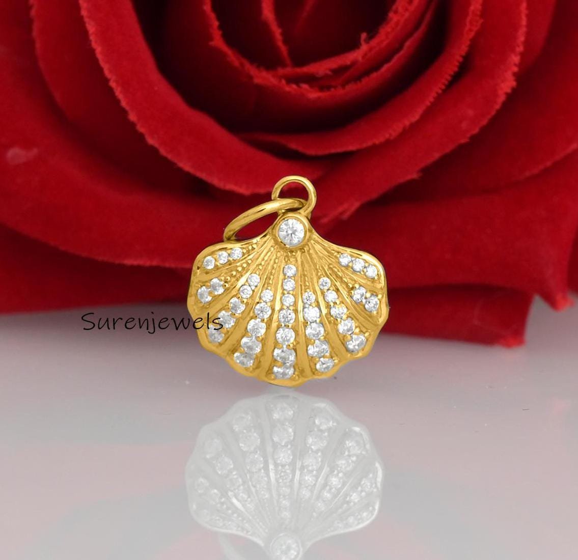 Handmade 14k Gold Scallop Shell Pendant: Dainty Gemstone Beach Jewelry - View 2 - Suren Jewels | SKU: SJP2593-SLYG Handmade 14k Gold Scallop Shell Pendant: Dainty Gemstone Beach Jewelry - View 2 - Suren Jewels | SKU: SJP2593-SLYG