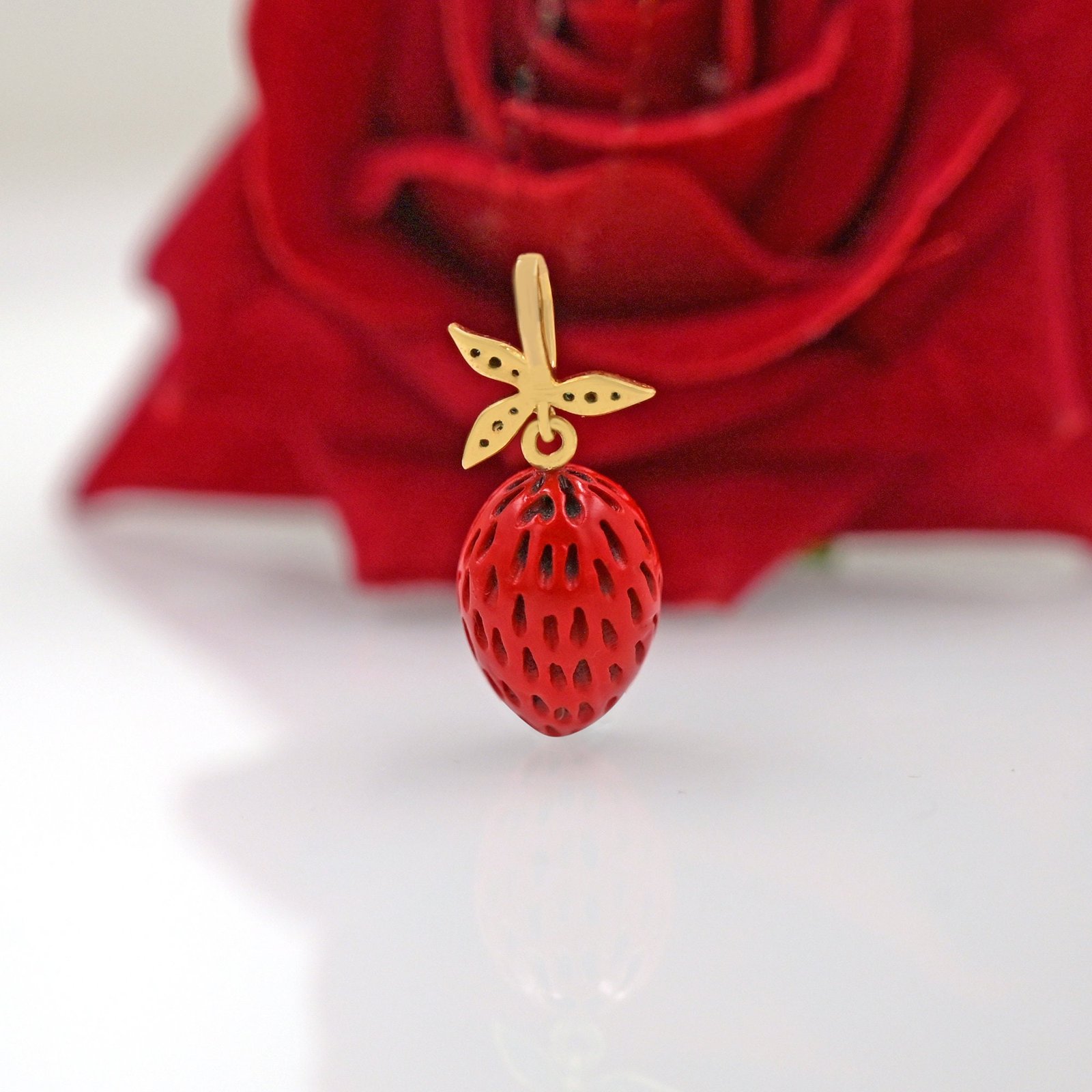 Handmade 925 Silver Strawberry Pendant: CZ Accents - View 2 - Suren Jewels | SKU: SJP1541 Handmade 925 Silver Strawberry Pendant: CZ Accents - View 2 - Suren Jewels | SKU: SJP1541