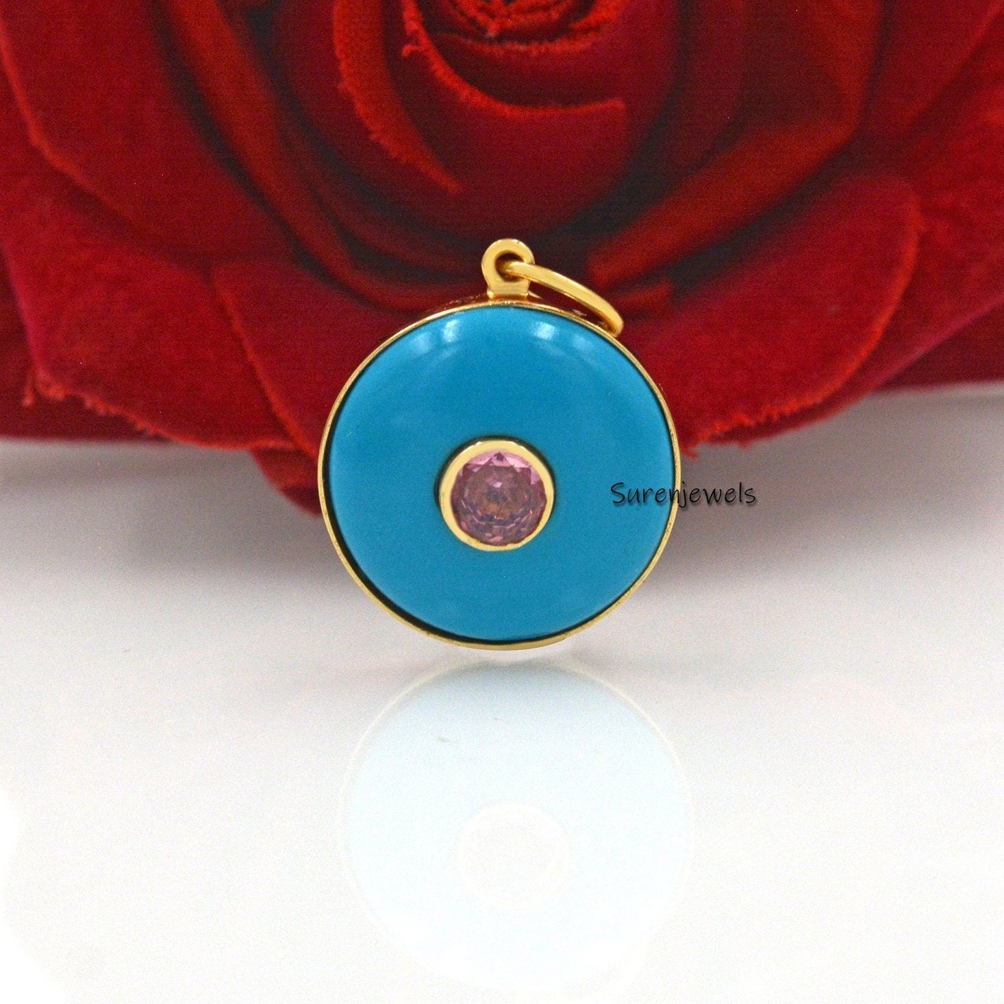 Handmade Carved Gemstone ball Pendant: Green CZ Accent - View 2 - Suren Jewels | SKU: SJP1694- Handmade Carved Gemstone ball Pendant: Green CZ Accent - View 2 - Suren Jewels | SKU: SJP1694-