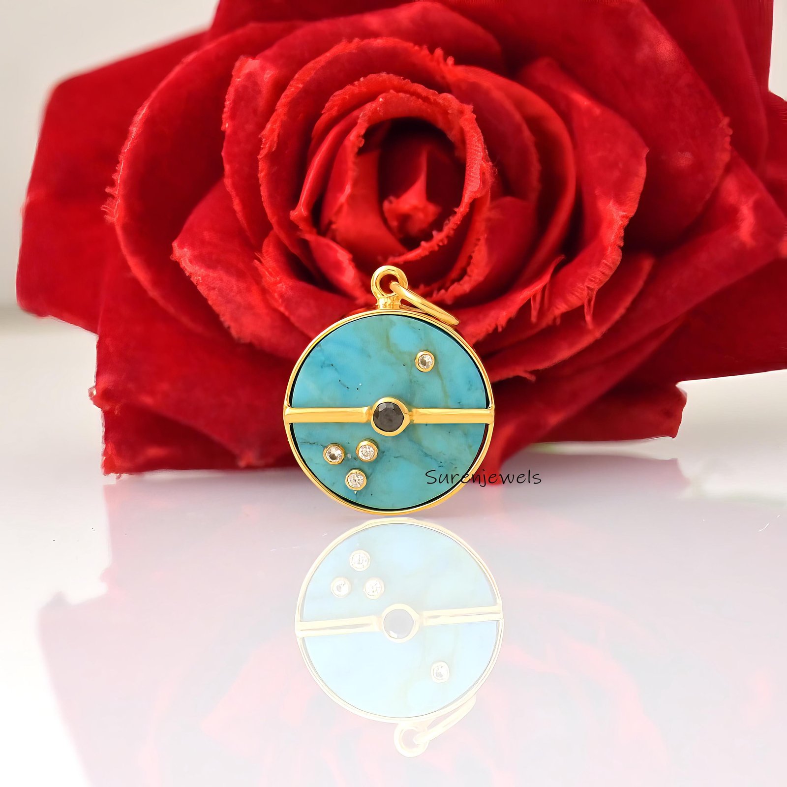Handmade Gemstone Compass Pendant, Designer Style - View 4 - Suren Jewels | SKU: SJP4859-SLYGBOMG-25M Handmade Gemstone Compass Pendant, Designer Style - View 4 - Suren Jewels | SKU: SJP4859-SLYGBOMG-25M