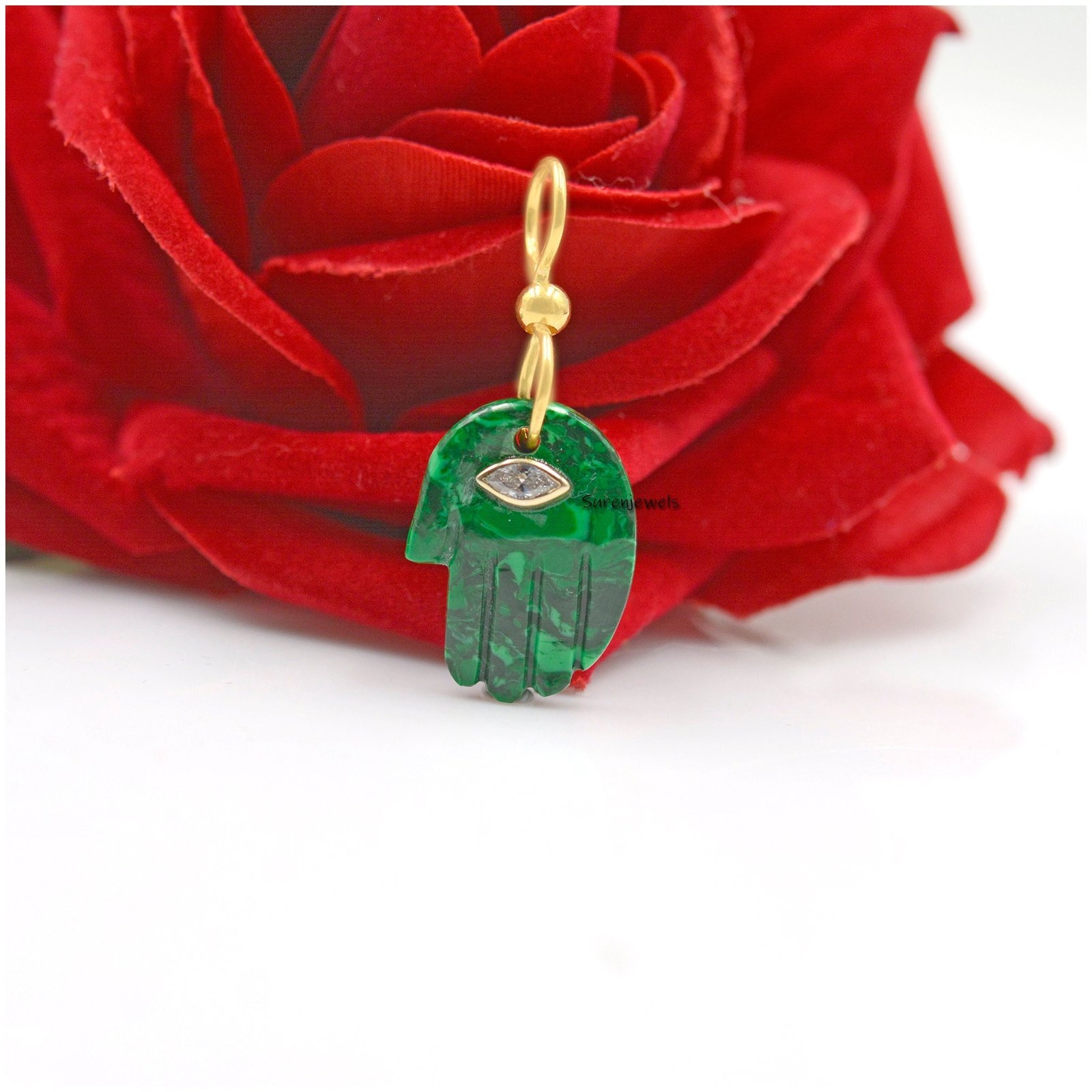 Handmade Malachite Hamsa Pendant: 14k Gold Gemstone Charm - Suren Jewels | SKU: SJP1091-SLYGTQWT-25M Handmade Malachite Hamsa Pendant: 14k Gold Gemstone Charm - Suren Jewels | SKU: SJP1091-SLYGTQWT-25M