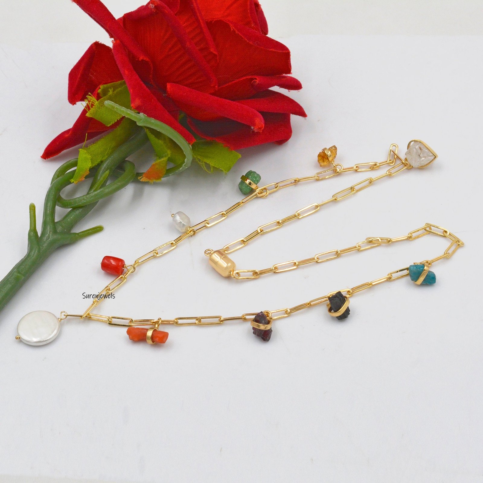 Handmade Multi Gemstone Charm Necklace: Colorful Silver Chain - Suren Jewels | SKU: SJN273-SLYGMT-24I Handmade Multi Gemstone Charm Necklace: Colorful Silver Chain - Suren Jewels | SKU: SJN273-SLYGMT-24I