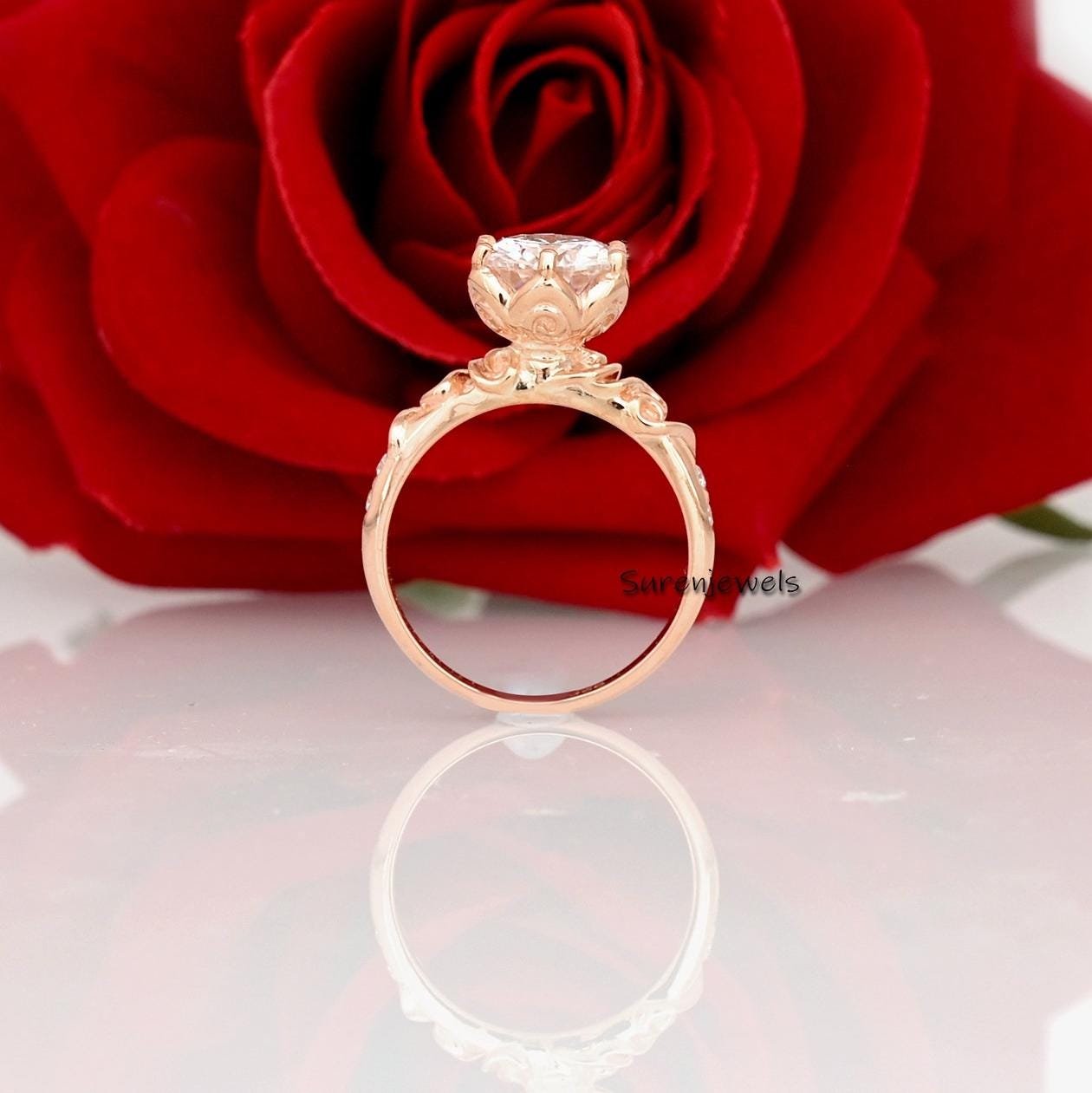 Handmade Solitaire Moissanite Engagement Ring: 14k Gold Floral Band - Suren Jewels | SKU: SJR2537 Handmade Solitaire Moissanite Engagement Ring: 14k Gold Floral Band - Suren Jewels | SKU: SJR2537