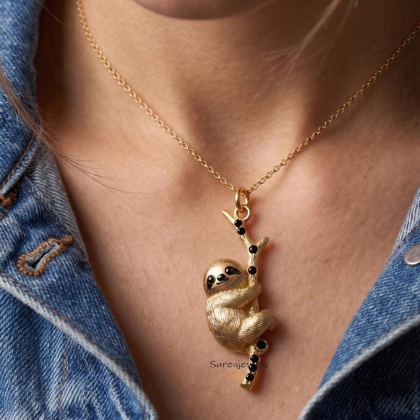Hanging Sloth Necklace, Gold Tone Sloth on Branch Pendant, Nature Inspired Jewelry, Unique Animal Necklace, Gift for Sloth Lo Hanging Sloth Necklace, Gold Tone Sloth on Branch Pendant, Nature Inspired Jewelry, Unique Animal Necklace, Gift for Sloth Lo