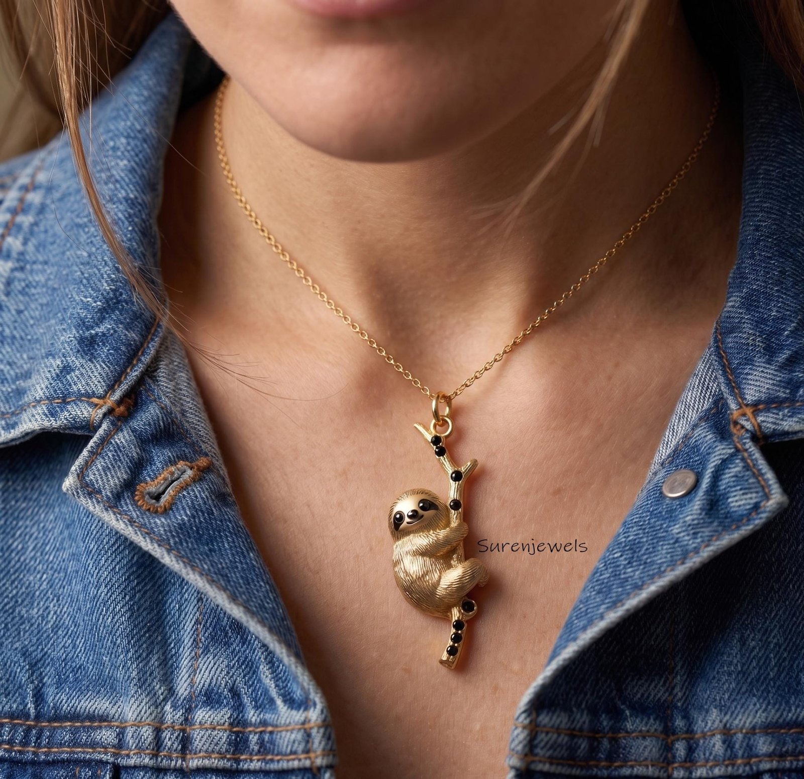 Hanging Sloth Necklace, Gold Tone Sloth on Branch Pendant, Nature Inspired Jewelry, Unique Animal Necklace, Gift for Sloth Lo Hanging Sloth Necklace, Gold Tone Sloth on Branch Pendant, Nature Inspired Jewelry, Unique Animal Necklace, Gift for Sloth Lo