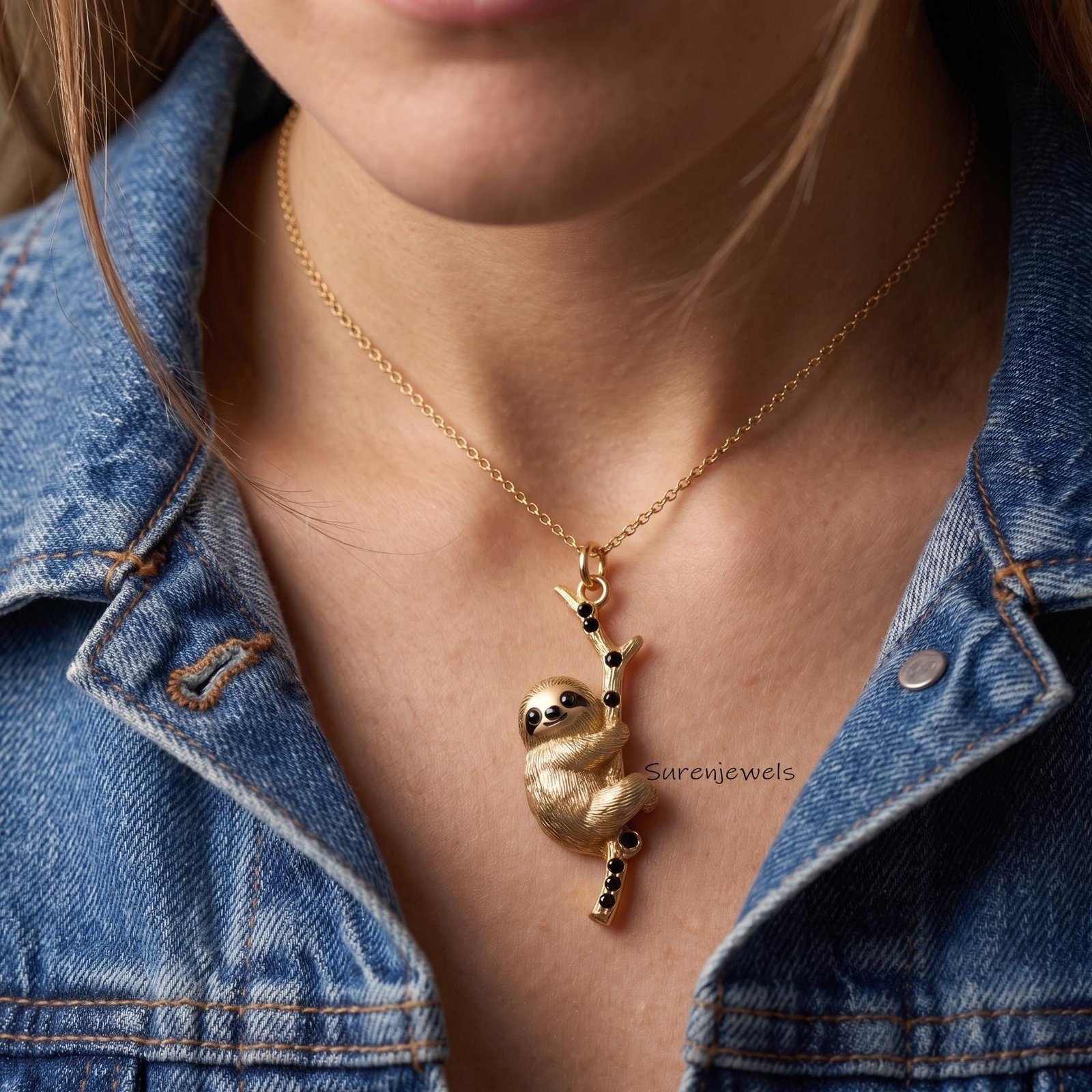 Hanging Sloth Necklace, Gold Tone Sloth on Branch Pendant, Nature Inspired Jewelry, Unique Animal Necklace, Gift for Sloth Lo Hanging Sloth Necklace, Gold Tone Sloth on Branch Pendant, Nature Inspired Jewelry, Unique Animal Necklace, Gift for Sloth Lo