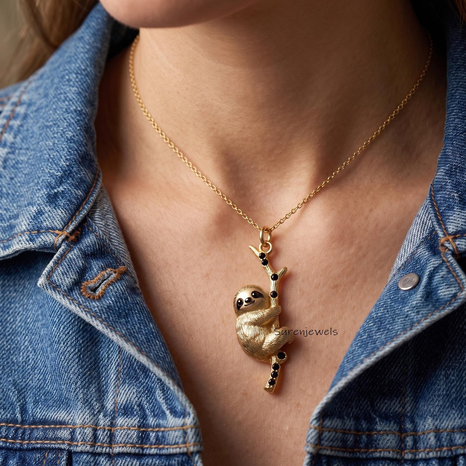 Hanging Sloth Necklace, Gold Tone Sloth on Branch Pendant, Nature Inspired Jewelry, Unique Animal Necklace, Gift for Sloth Lo Hanging Sloth Necklace, Gold Tone Sloth on Branch Pendant, Nature Inspired Jewelry, Unique Animal Necklace, Gift for Sloth Lo