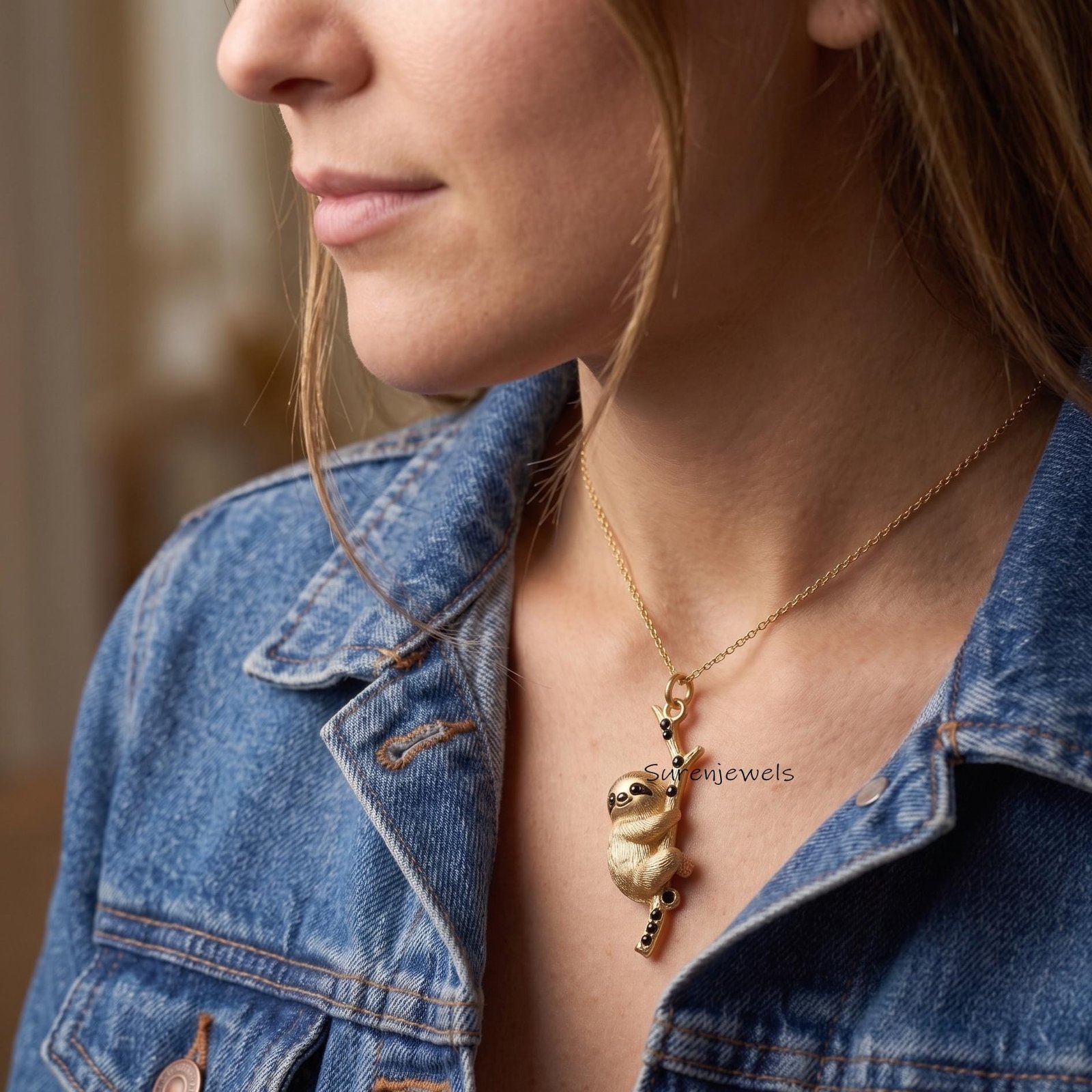 Hanging Sloth Necklace, Gold Tone Sloth on Branch Pendant, Nature Inspired Jewelry, Unique Animal Necklace, Gift for Sloth Lo Hanging Sloth Necklace, Gold Tone Sloth on Branch Pendant, Nature Inspired Jewelry, Unique Animal Necklace, Gift for Sloth Lo