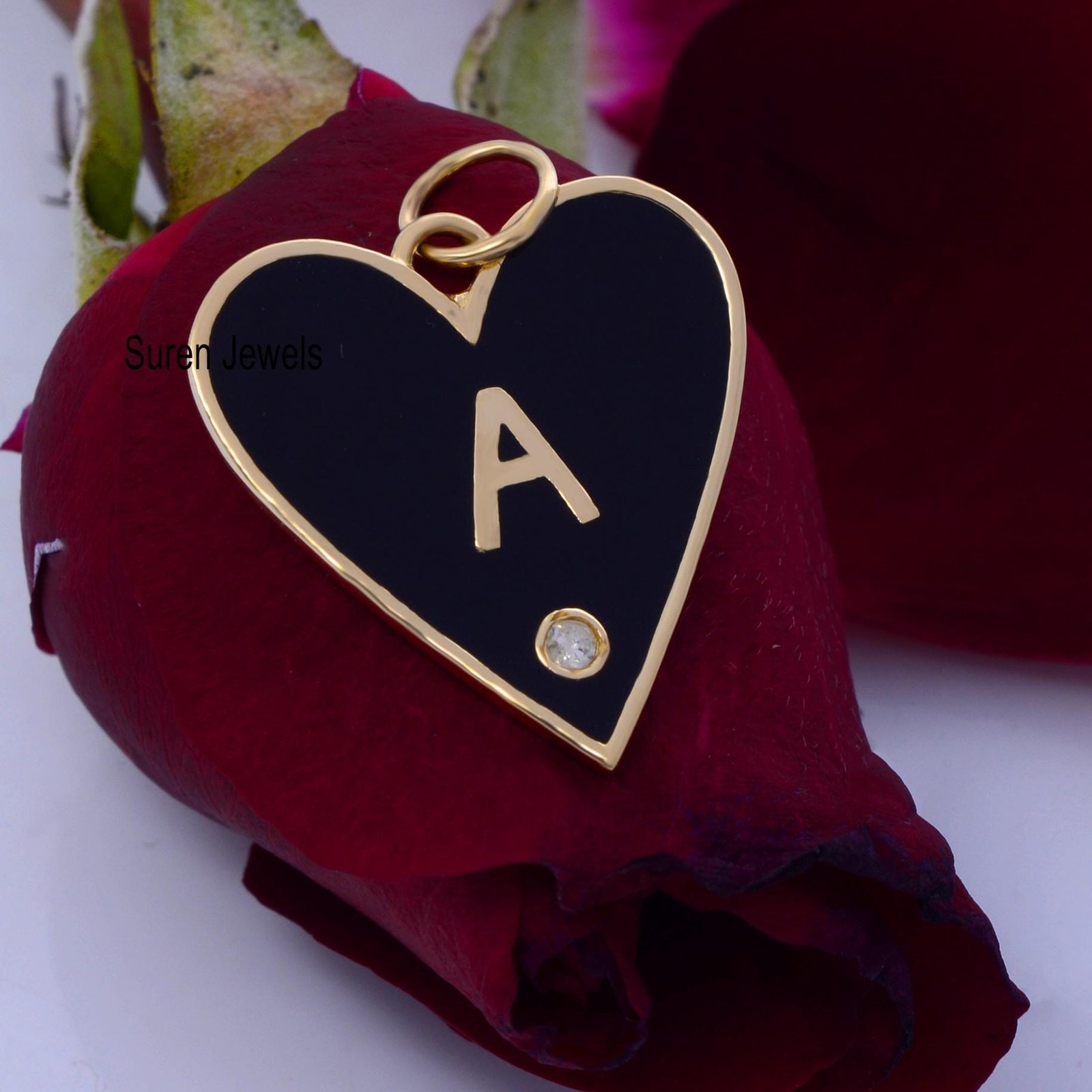 Initial Heart Pendant: 925 Silver Charm with Enamel & CZ - Suren Jewels | SKU: SJP500-SLYGBKELDI-A Initial Heart Pendant: 925 Silver Charm with Enamel & CZ - Suren Jewels | SKU: SJP500-SLYGBKELDI-A