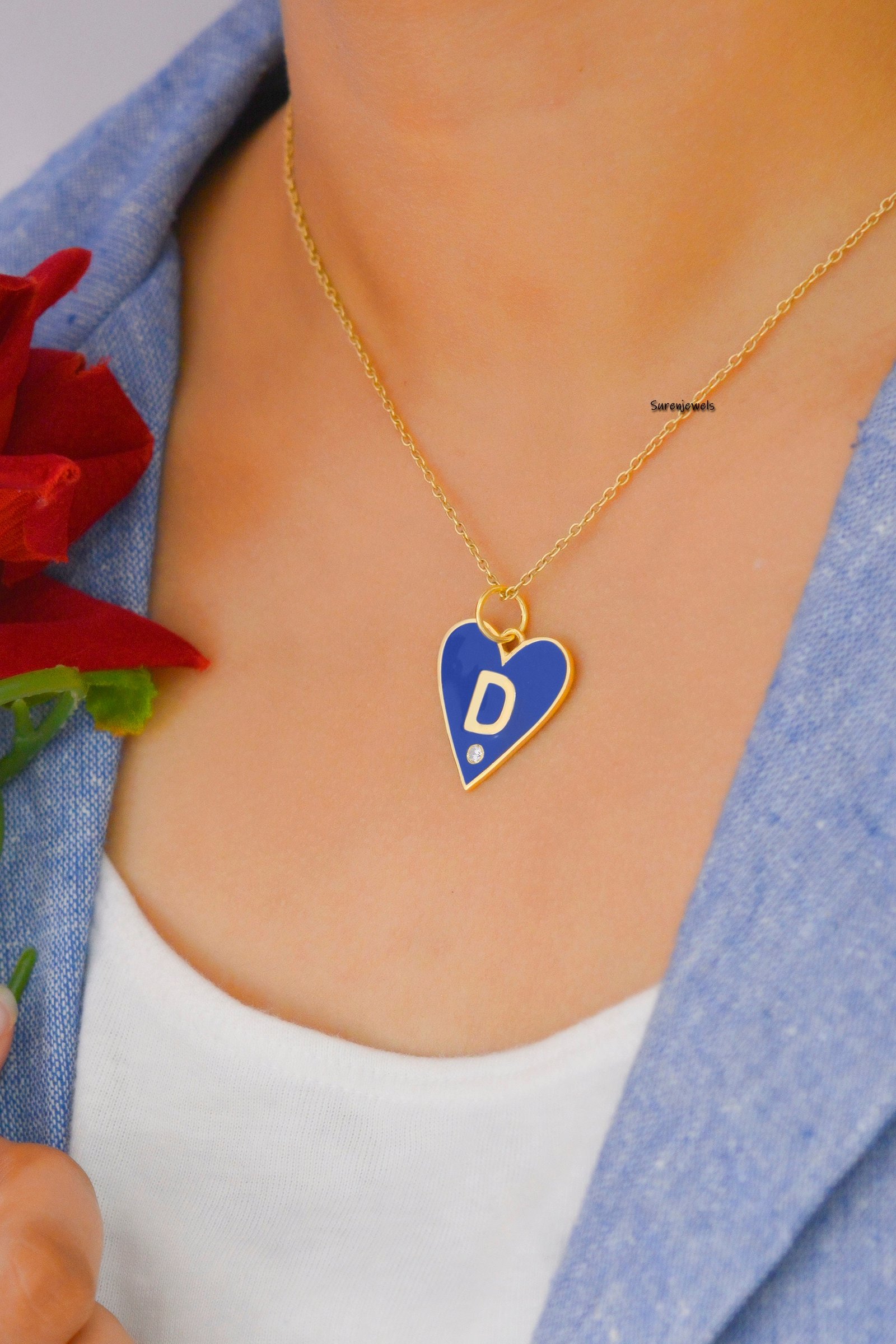 Initial Heart Pendant: 925 Silver Charm with Enamel & CZ - View 2 - Suren Jewels | SKU: SJP500-SLYGBKELDI-A Initial Heart Pendant: 925 Silver Charm with Enamel & CZ - View 2 - Suren Jewels | SKU: SJP500-SLYGBKELDI-A