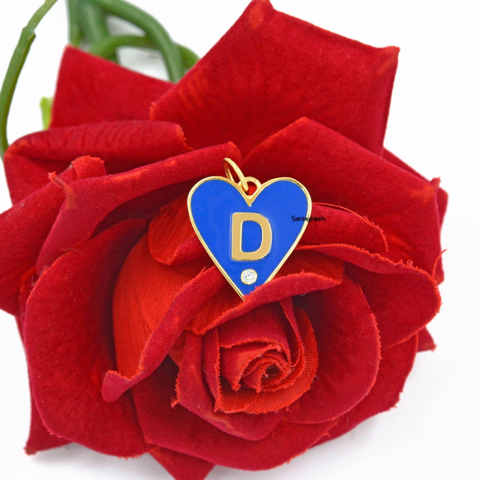 Initial Heart Pendant: 925 Silver Charm with Enamel & CZ - View 3 - Suren Jewels | SKU: SJP500-SLYGBKELDI-A Initial Heart Pendant: 925 Silver Charm with Enamel & CZ - View 3 - Suren Jewels | SKU: SJP500-SLYGBKELDI-A