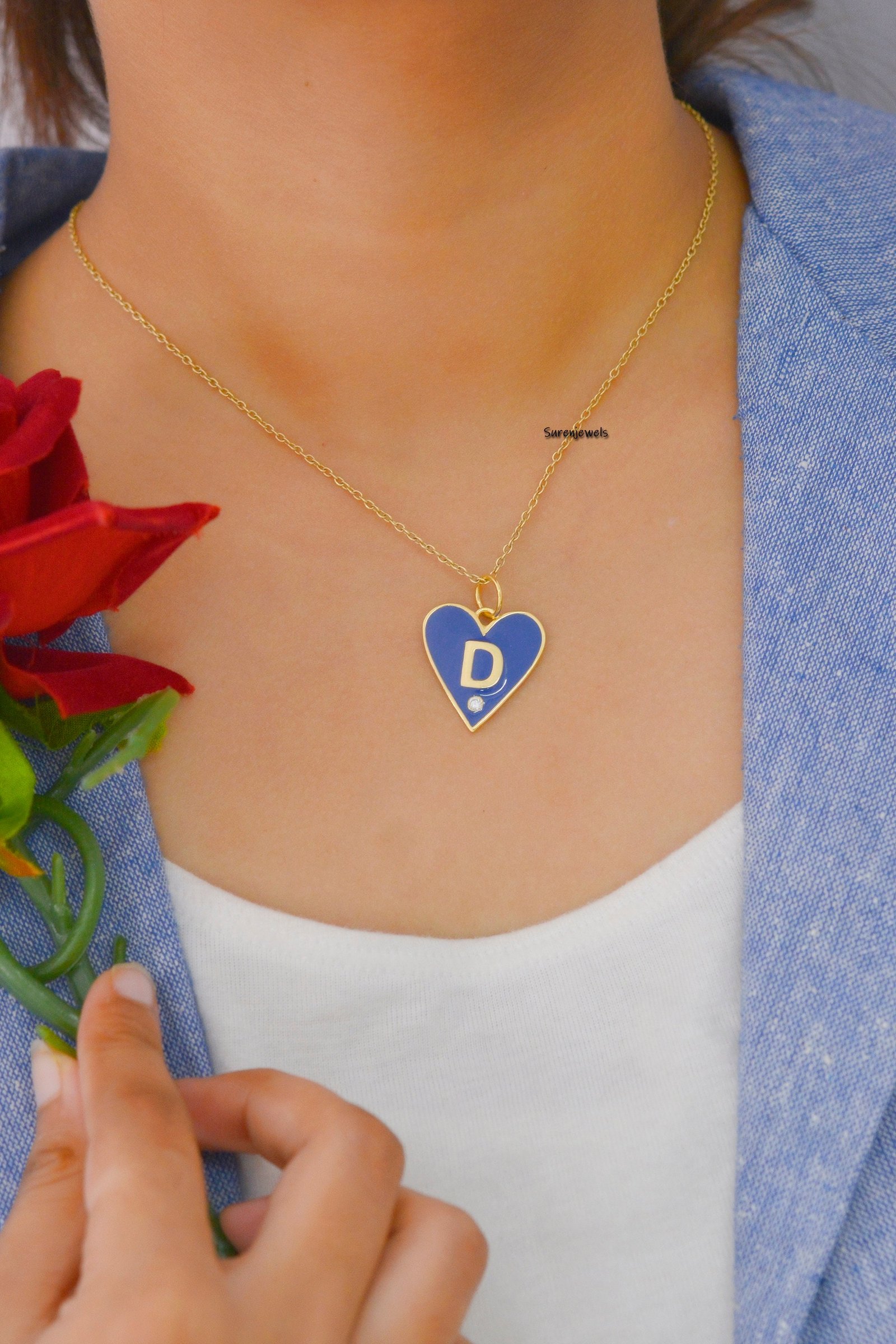 Initial Heart Pendant: 925 Silver Charm with Enamel & CZ - View 4 - Suren Jewels | SKU: SJP500-SLYGBKELDI-A Initial Heart Pendant: 925 Silver Charm with Enamel & CZ - View 4 - Suren Jewels | SKU: SJP500-SLYGBKELDI-A