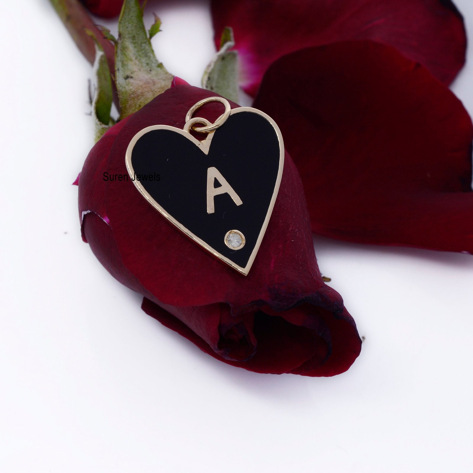 Initial Heart Pendant: 925 Silver Charm with Enamel & CZ - View 5 - Suren Jewels | SKU: SJP500-SLYGBKELDI-A Initial Heart Pendant: 925 Silver Charm with Enamel & CZ - View 5 - Suren Jewels | SKU: SJP500-SLYGBKELDI-A