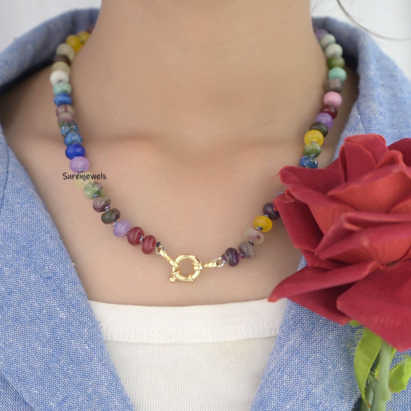 Knotted Rainbow Gemstone Necklace: 925 Silver Multi-Gem Beaded Necklace - View 2 - Suren Jewels | SKU: SJN710-SLYGMT-17I-F137 Knotted Rainbow Gemstone Necklace: 925 Silver Multi-Gem Beaded Necklace - View 2 - Suren Jewels | SKU: SJN710-SLYGMT-17I-F137